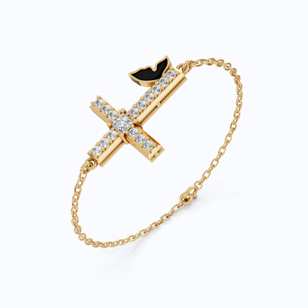 Butterfly Cross Station Bracelet in 14K Solid Gold, 0.18 CT Princess Cut Lab Created Diamond, Dainty Bracelet, Gift for Her