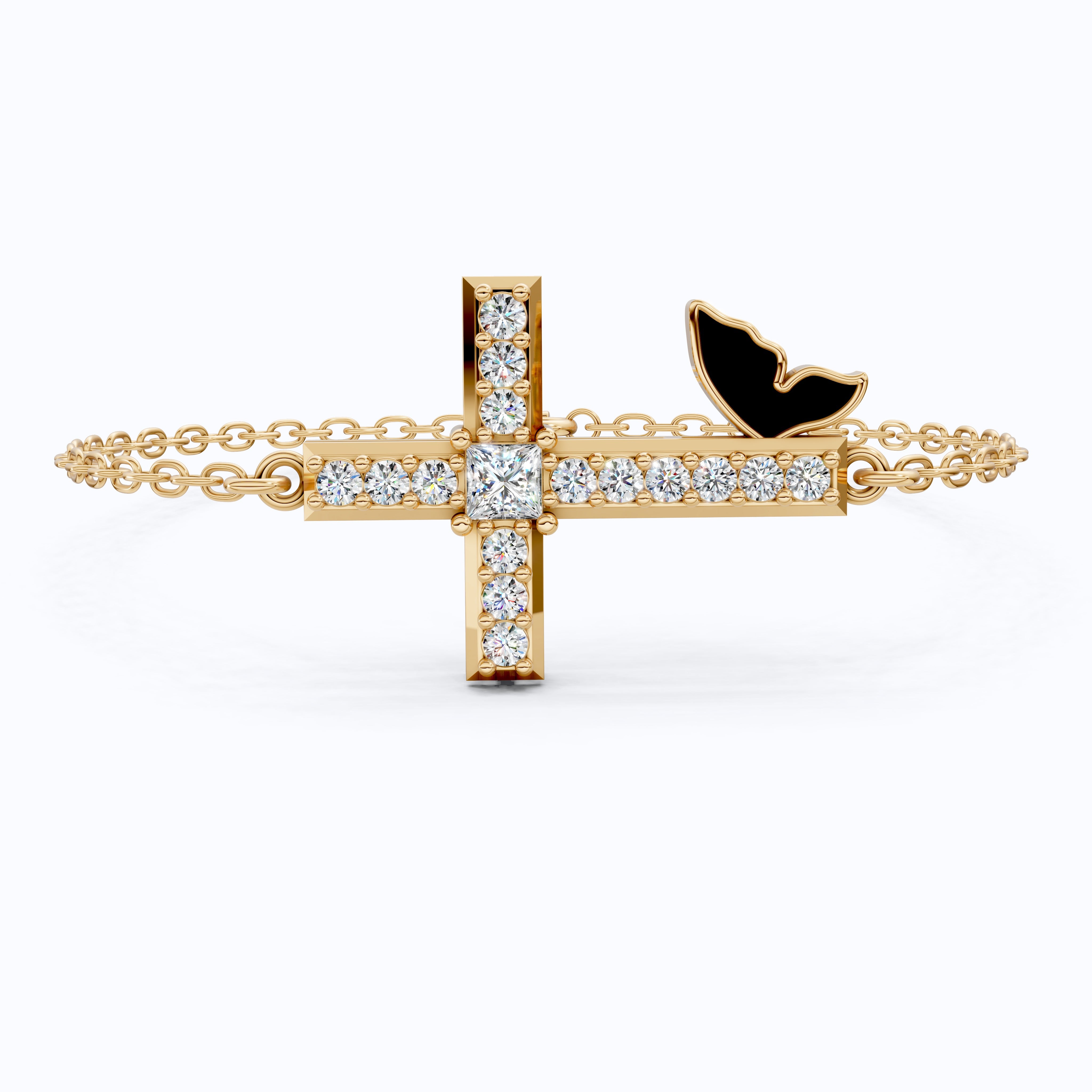 Butterfly Cross Station Bracelet in 14K Solid Gold, 0.18 CT Princess Cut Lab Created Diamond, Dainty Bracelet, Gift for Her
