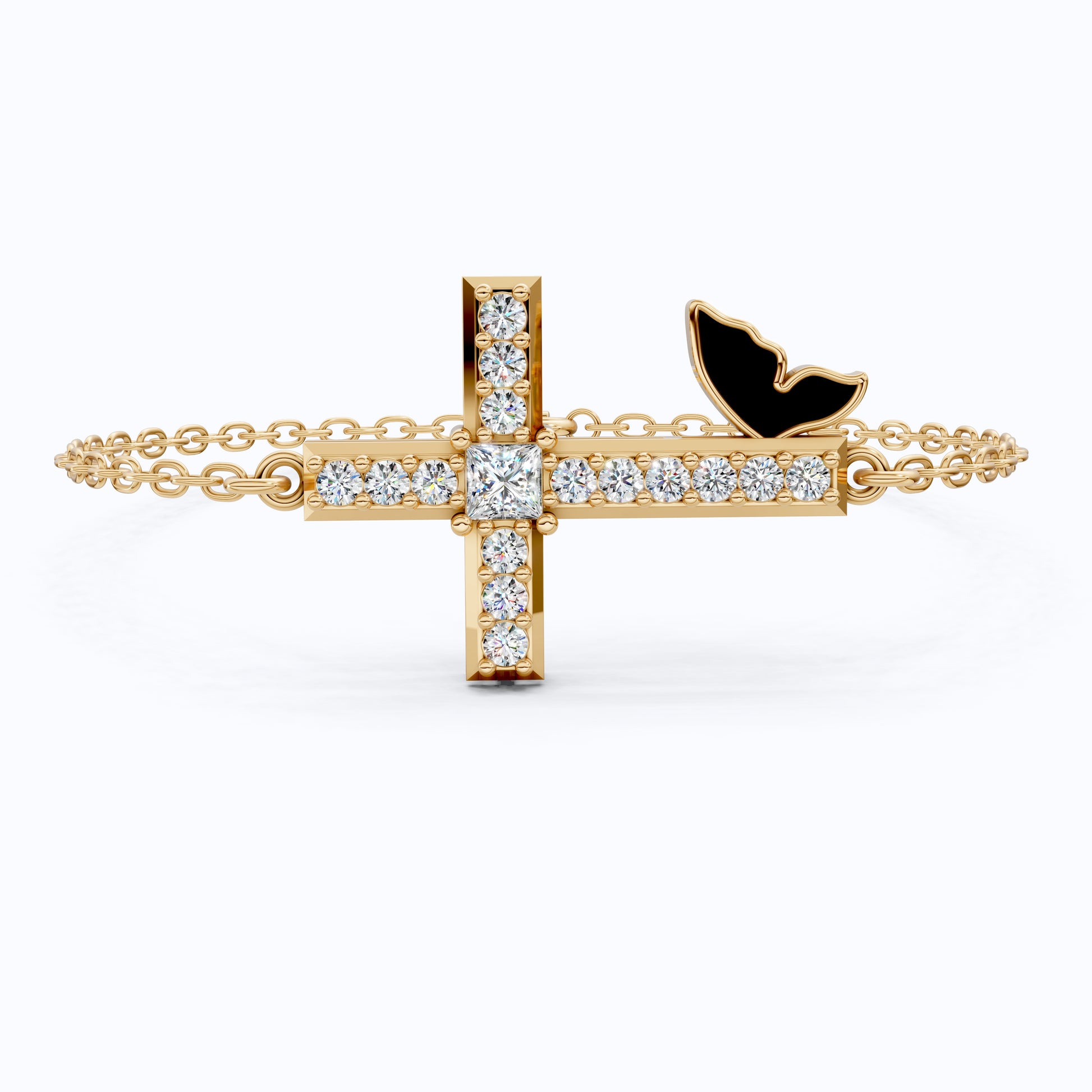 Butterfly Cross Station Bracelet in 14K Solid Gold, 0.18 CT Princess Cut Lab Created Diamond, Dainty Bracelet, Gift for Her