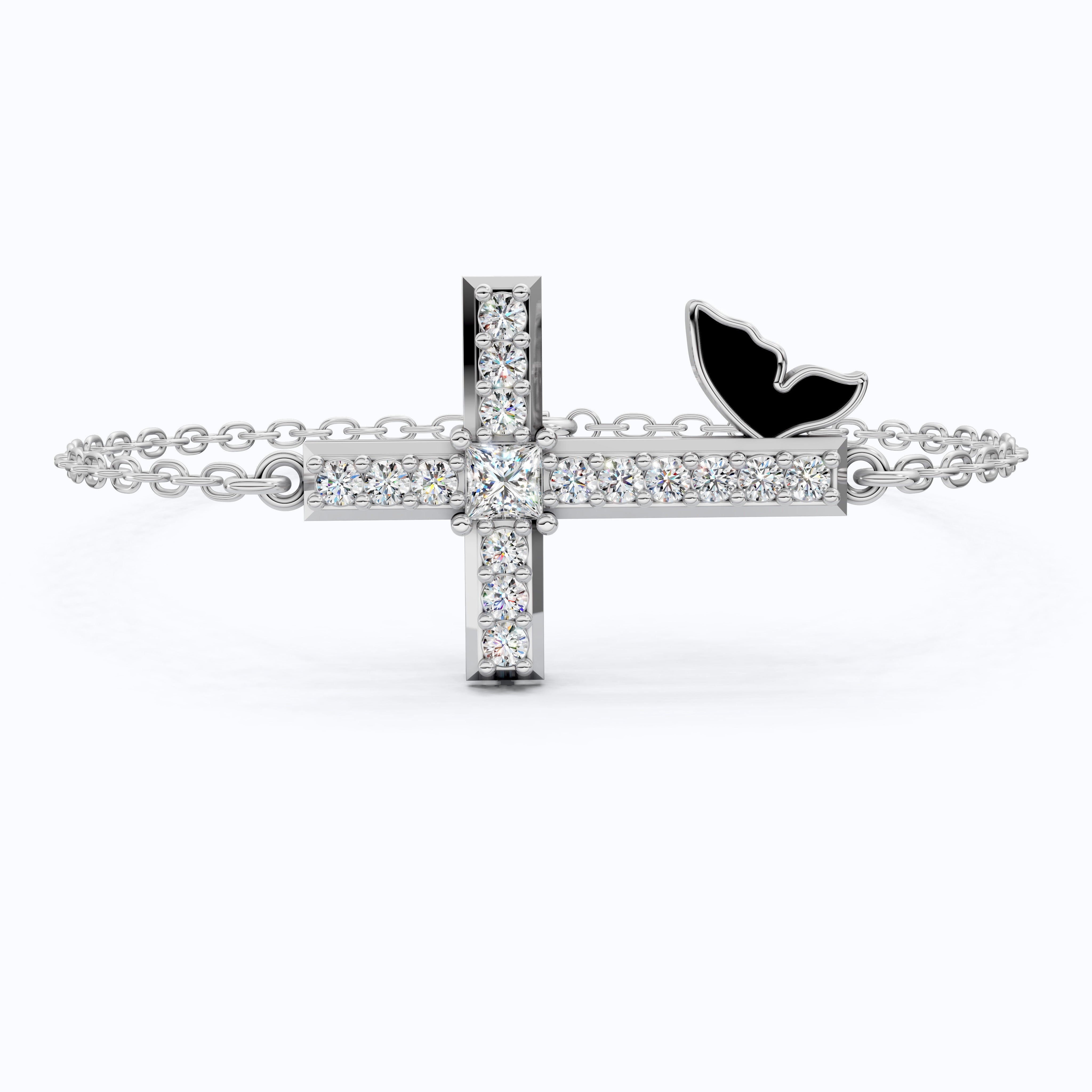 Butterfly Cross Station Bracelet in 14K Solid Gold, 0.18 CT Princess Cut Lab Created Diamond, Dainty Bracelet, Gift for Her