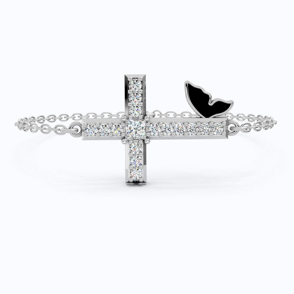 Butterfly Cross Station Bracelet in 14K Solid Gold, 0.18 CT Princess Cut Lab Created Diamond, Dainty Bracelet, Gift for Her