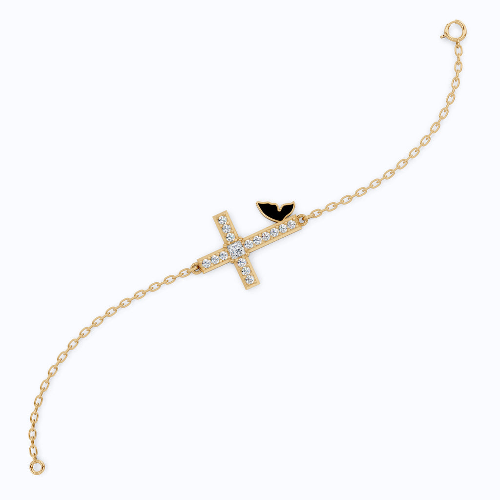 Butterfly Cross Station Bracelet in 14K Solid Gold, 0.18 CT Princess Cut Lab Created Diamond, Dainty Bracelet, Gift for Her