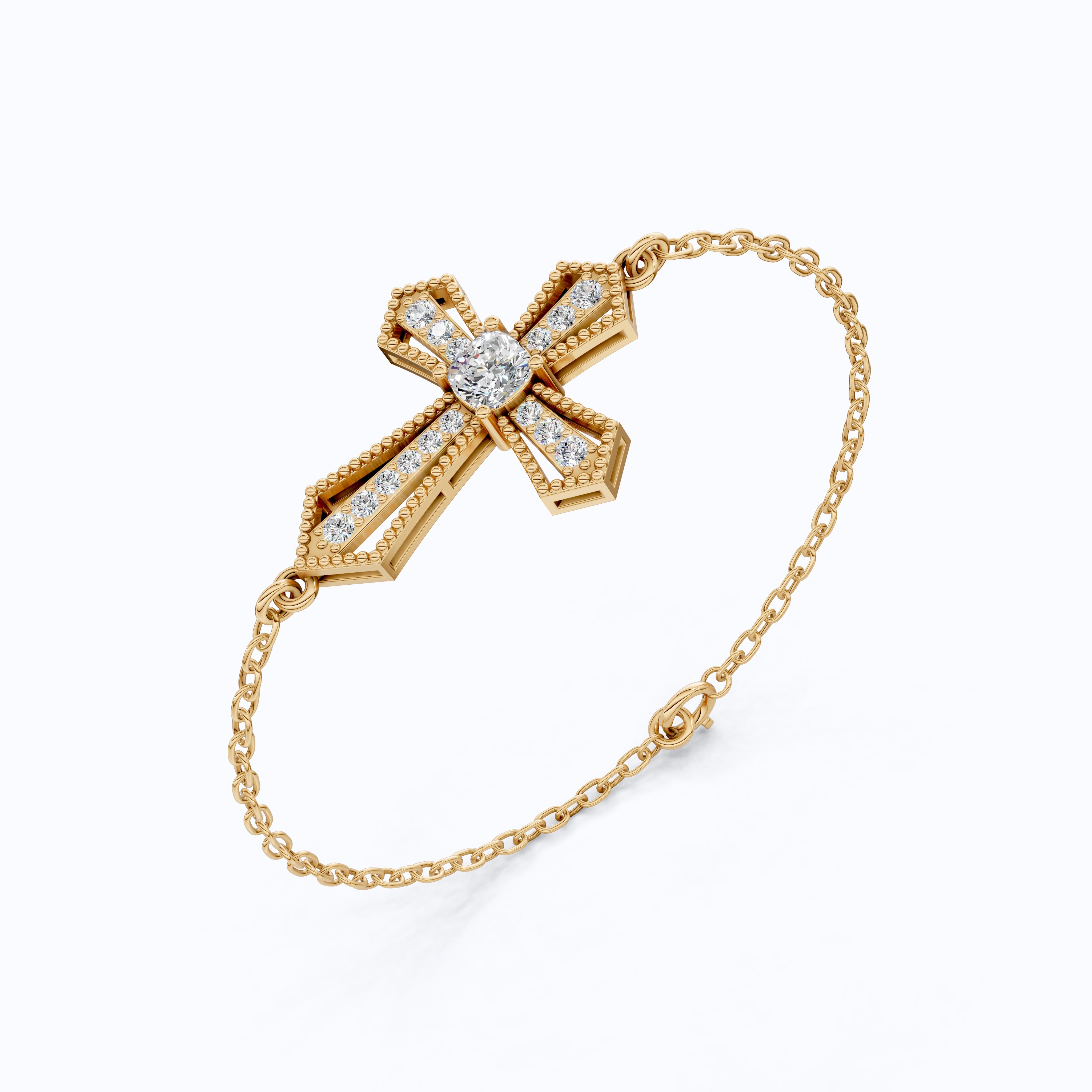 Deco Inspired Cross Bar Chain Bracelet in 14K Solid Gold, 0.40 CT Cushion Cut Lab Created Diamond, Everyday Bracelet, Religious Gift For Wife