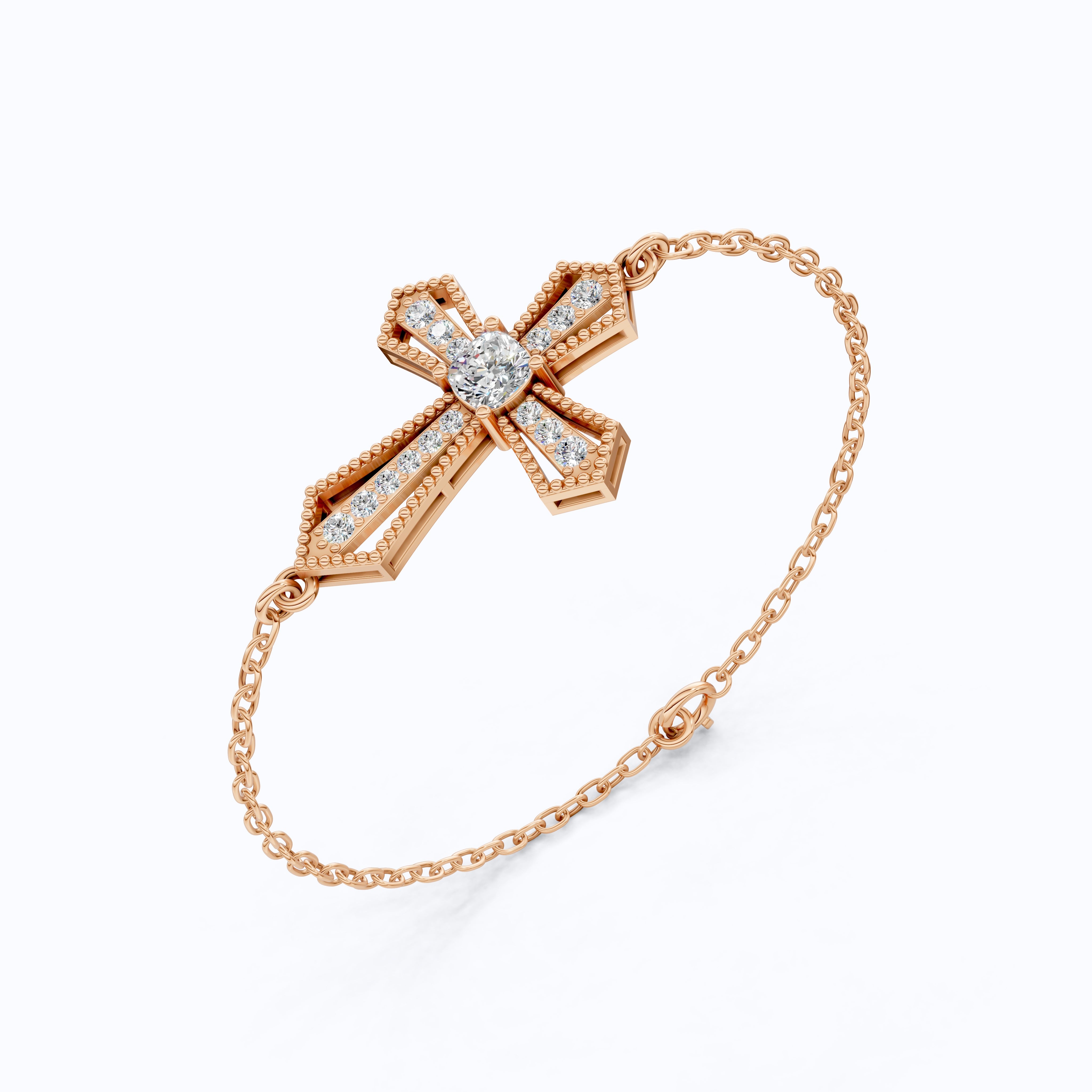 Deco Inspired Cross Bar Chain Bracelet in 14K Solid Gold, 0.40 CT Cushion Cut Lab Created Diamond, Everyday Bracelet, Religious Gift For Wife