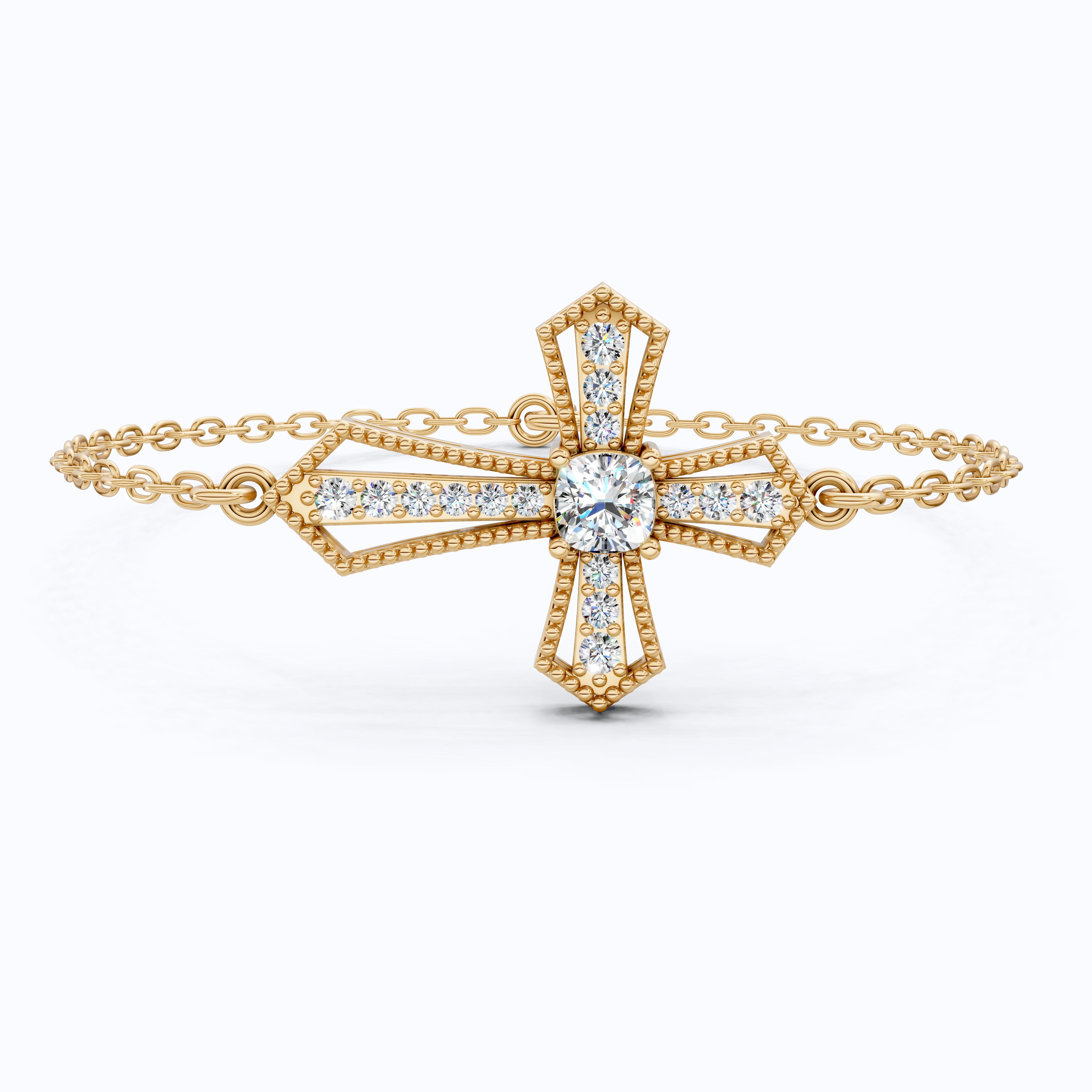 Deco Inspired Cross Bar Chain Bracelet in 14K Solid Gold, 0.40 CT Cushion Cut Lab Created Diamond, Everyday Bracelet, Religious Gift For Wife