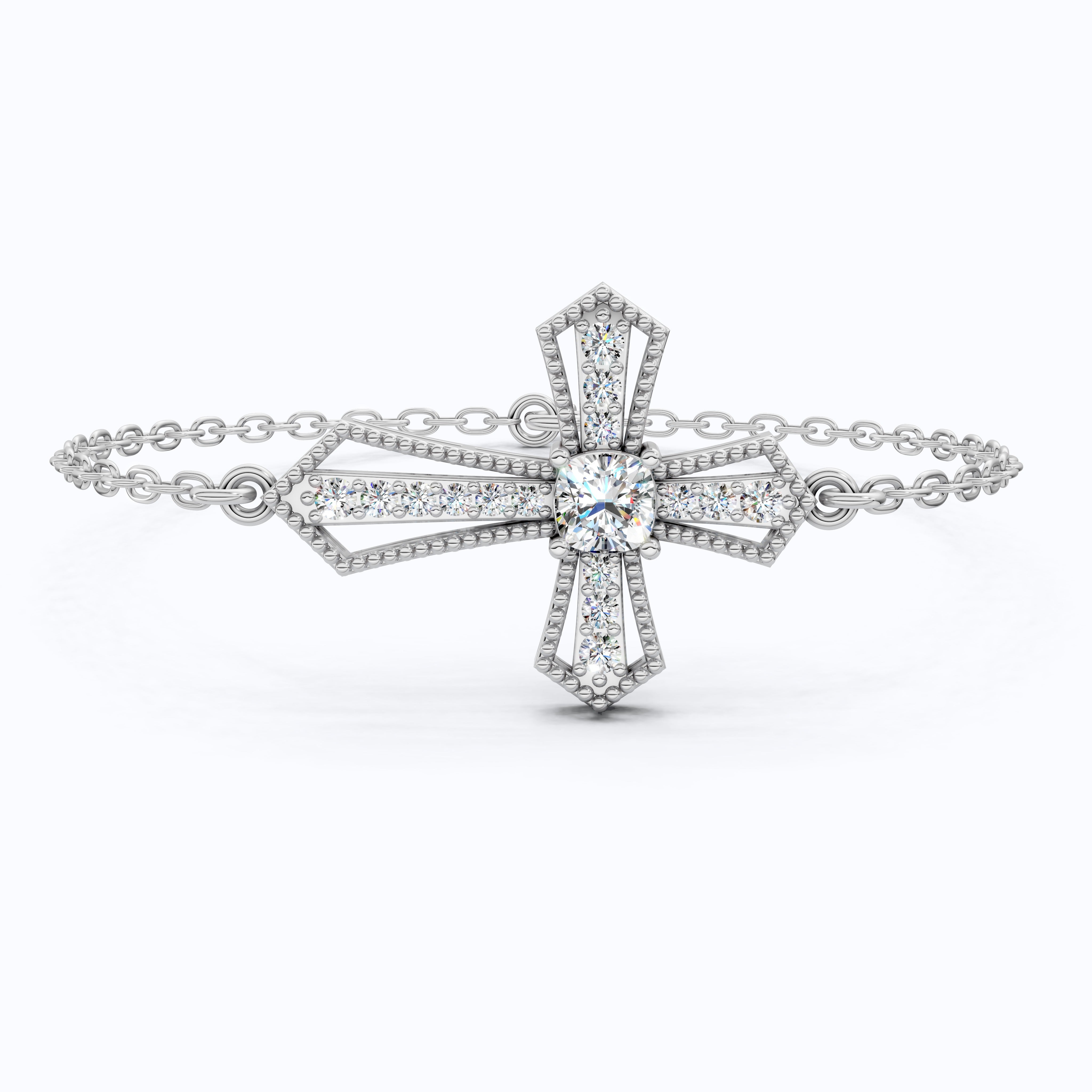 Deco Inspired Cross Bar Chain Bracelet in 14K Solid Gold, 0.40 CT Cushion Cut Lab Created Diamond, Everyday Bracelet, Religious Gift For Wife