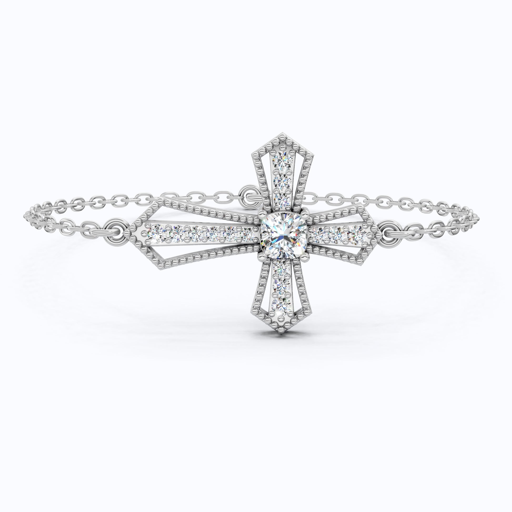 Deco Inspired Cross Bar Chain Bracelet in 14K Solid Gold, 0.40 CT Cushion Cut Lab Created Diamond, Everyday Bracelet, Religious Gift For Wife