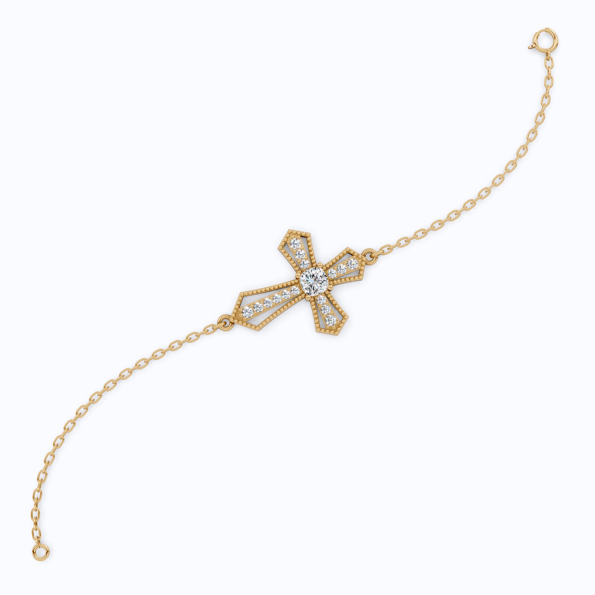 Deco Inspired Cross Bar Chain Bracelet in 14K Solid Gold, 0.40 CT Cushion Cut Lab Created Diamond, Everyday Bracelet, Religious Gift For Wife
