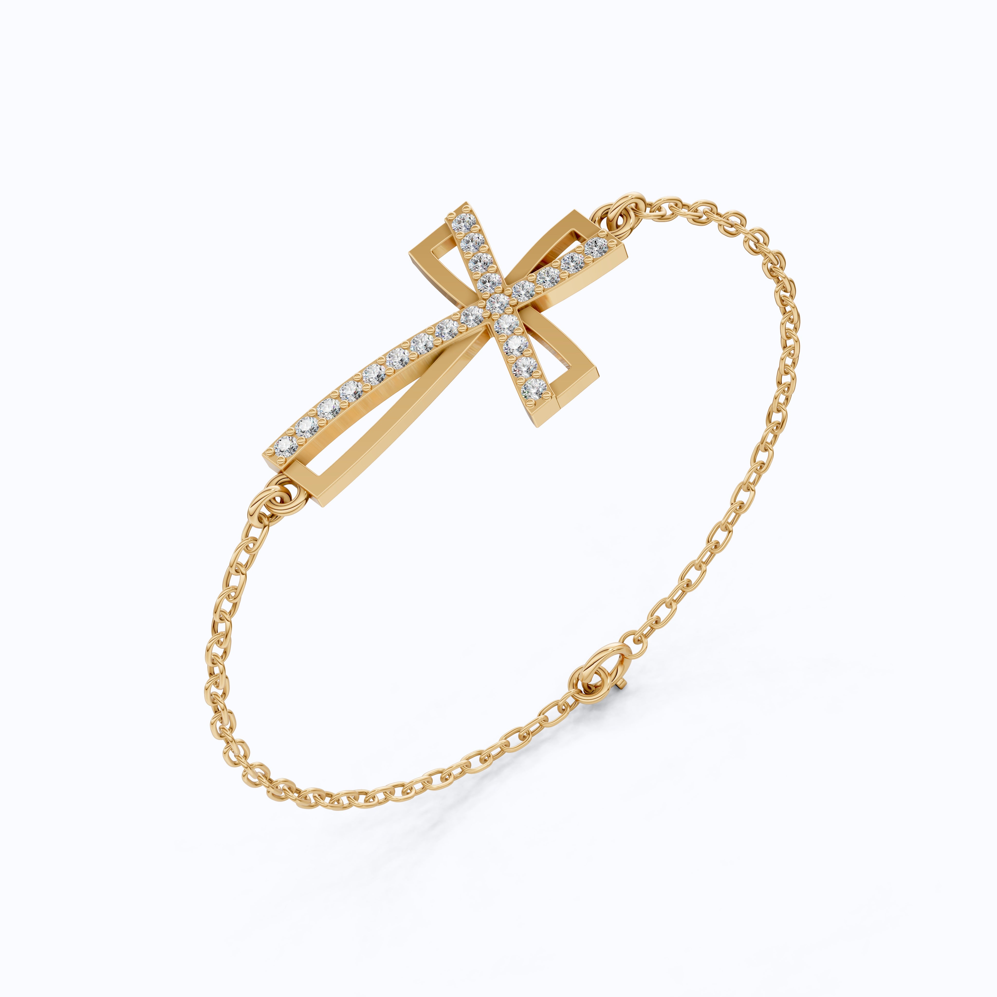Asymmetrical Cross Charm Bracelet in 14K Solid Gold, 0.22 TCW Round Cut Lab Created Diamonds, Religious Jewelry, Birthday Gift for Her