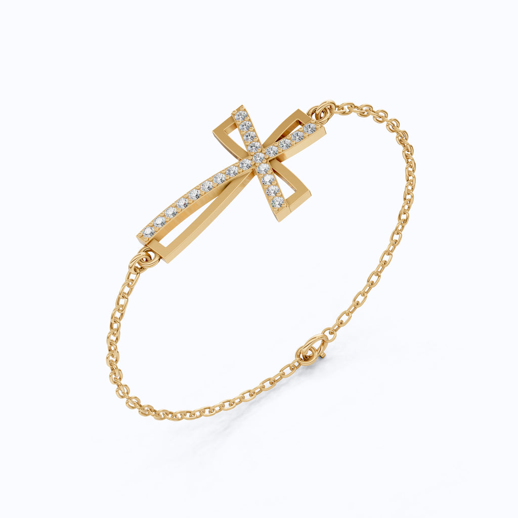 Asymmetrical Cross Charm Bracelet in 14K Solid Gold, 0.22 TCW Round Cut Lab Created Diamonds, Religious Jewelry, Birthday Gift for Her