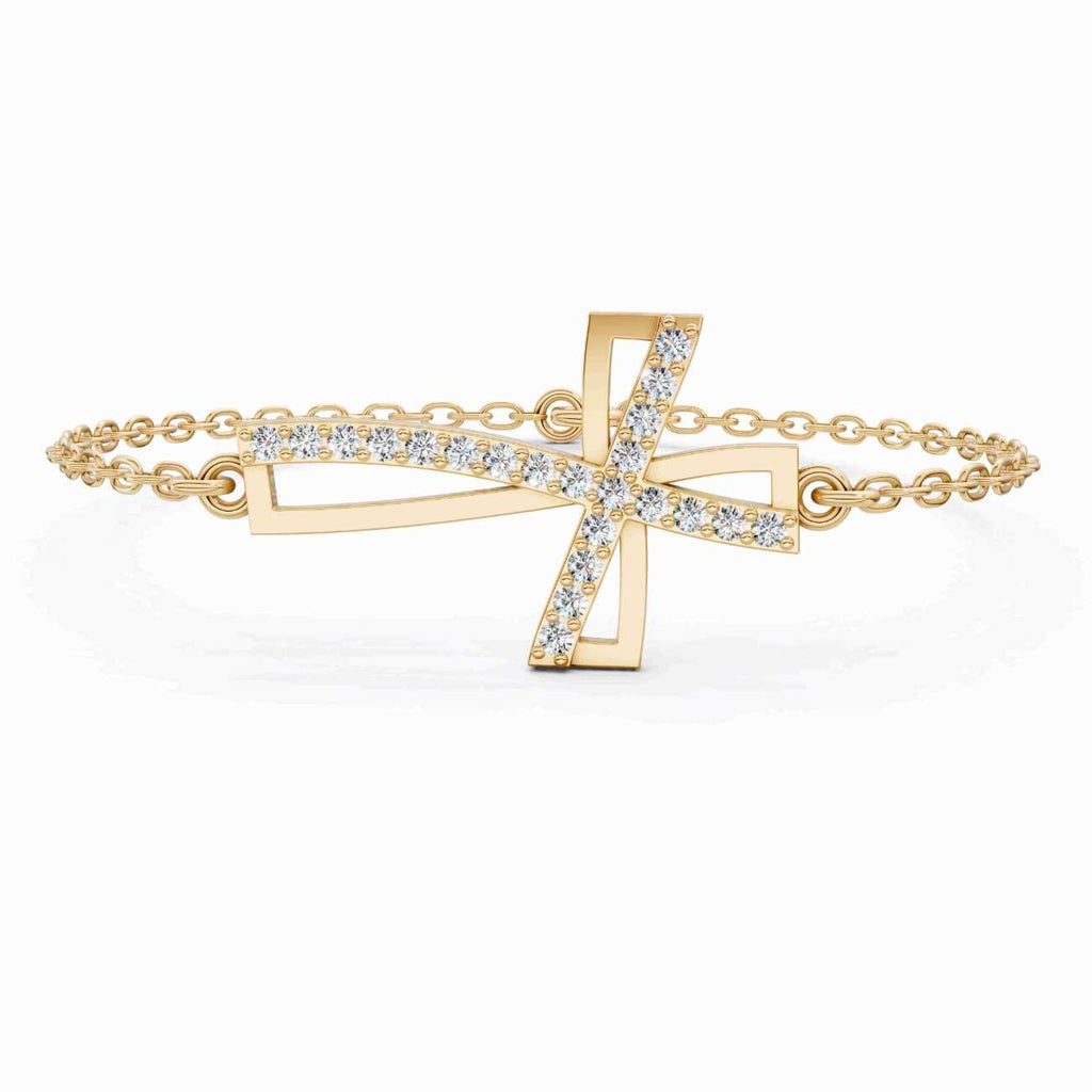 Asymmetrical Cross Charm Bracelet in 14K Solid Gold, 0.22 TCW Round Cut Lab Created Diamonds, Religious Jewelry, Birthday Gift for Her