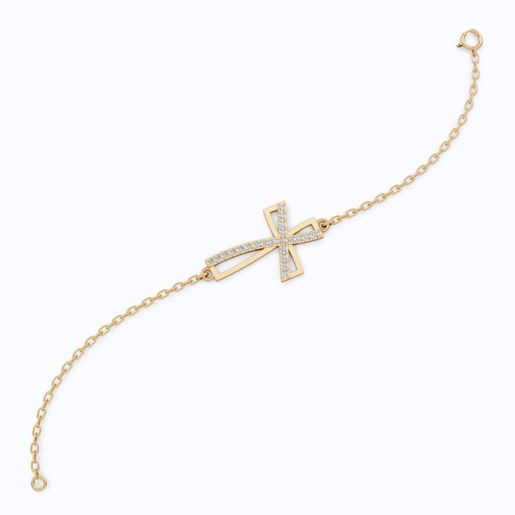 Asymmetrical Cross Charm Bracelet in 14K Solid Gold, 0.22 TCW Round Cut Lab Created Diamonds, Religious Jewelry, Birthday Gift for Her