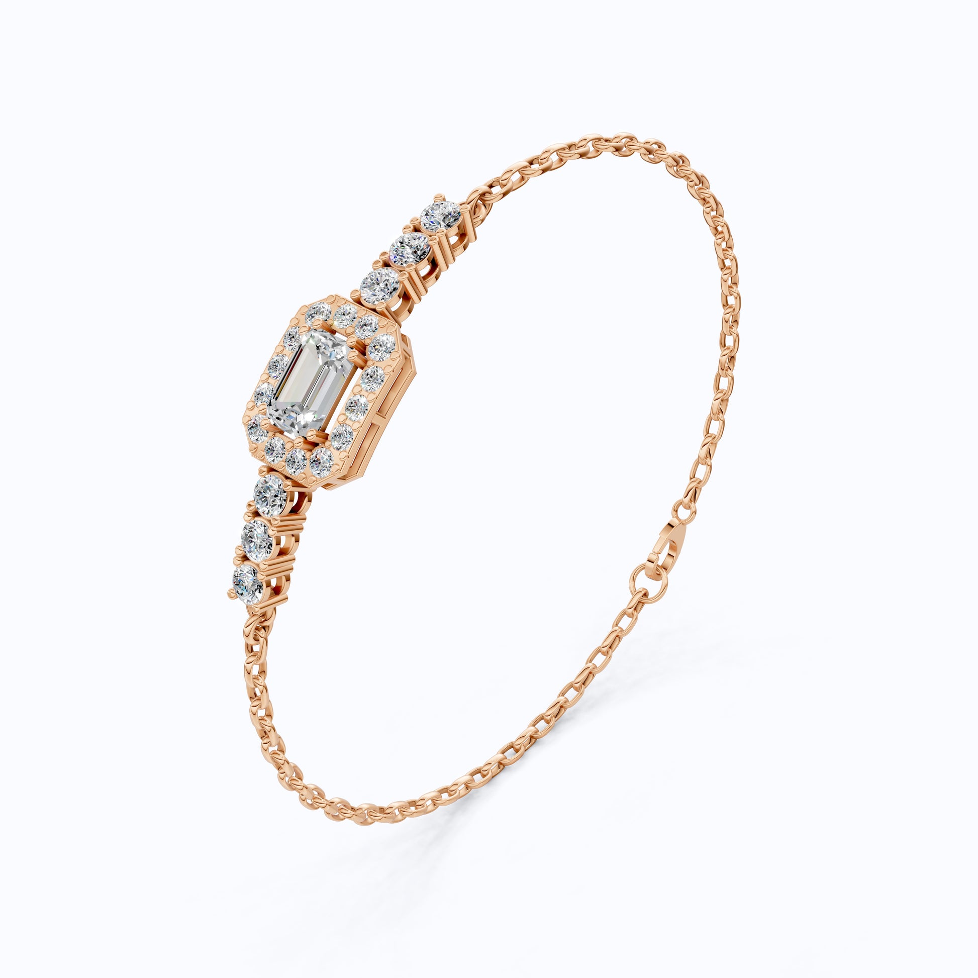 Art Deco Emerald-Cut Halo Cluster Luxury Bracelet in Lab Grown Diamond-Solid 14k Gold, Wedding Gift for Women, Unique Chain Bracelet