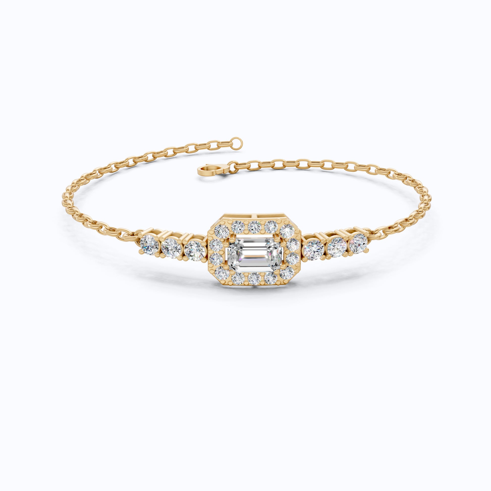 Art Deco Emerald-Cut Halo Cluster Luxury Bracelet in Lab Grown Diamond-Solid 14k Gold, Wedding Gift for Women, Unique Chain Bracelet