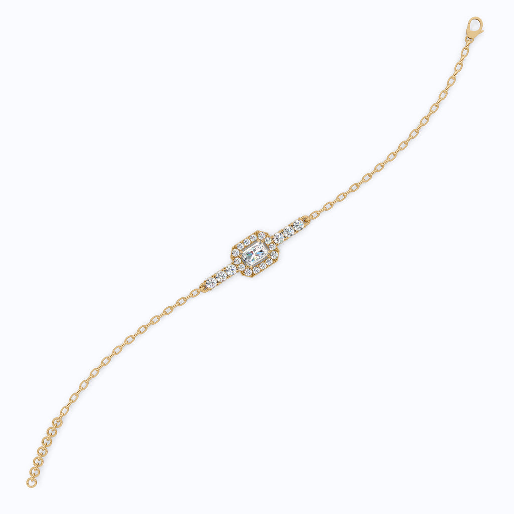Art Deco Emerald-Cut Halo Cluster Luxury Bracelet in Lab Grown Diamond-Solid 14k Gold, Wedding Gift for Women, Unique Chain Bracelet