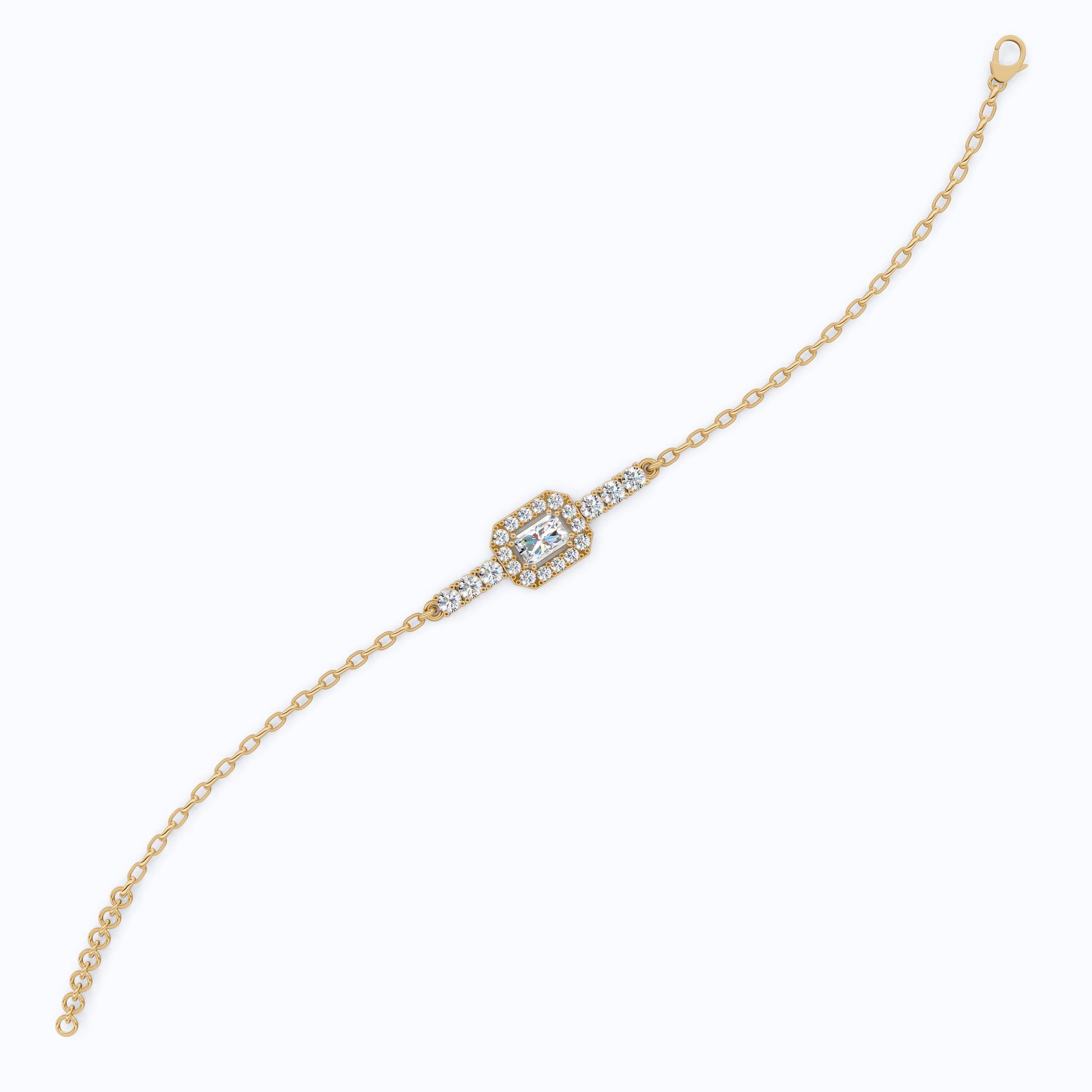 Art Deco Emerald-Cut Halo Cluster Luxury Bracelet in Lab Grown Diamond-Solid 14k Gold, Wedding Gift for Women, Unique Chain Bracelet