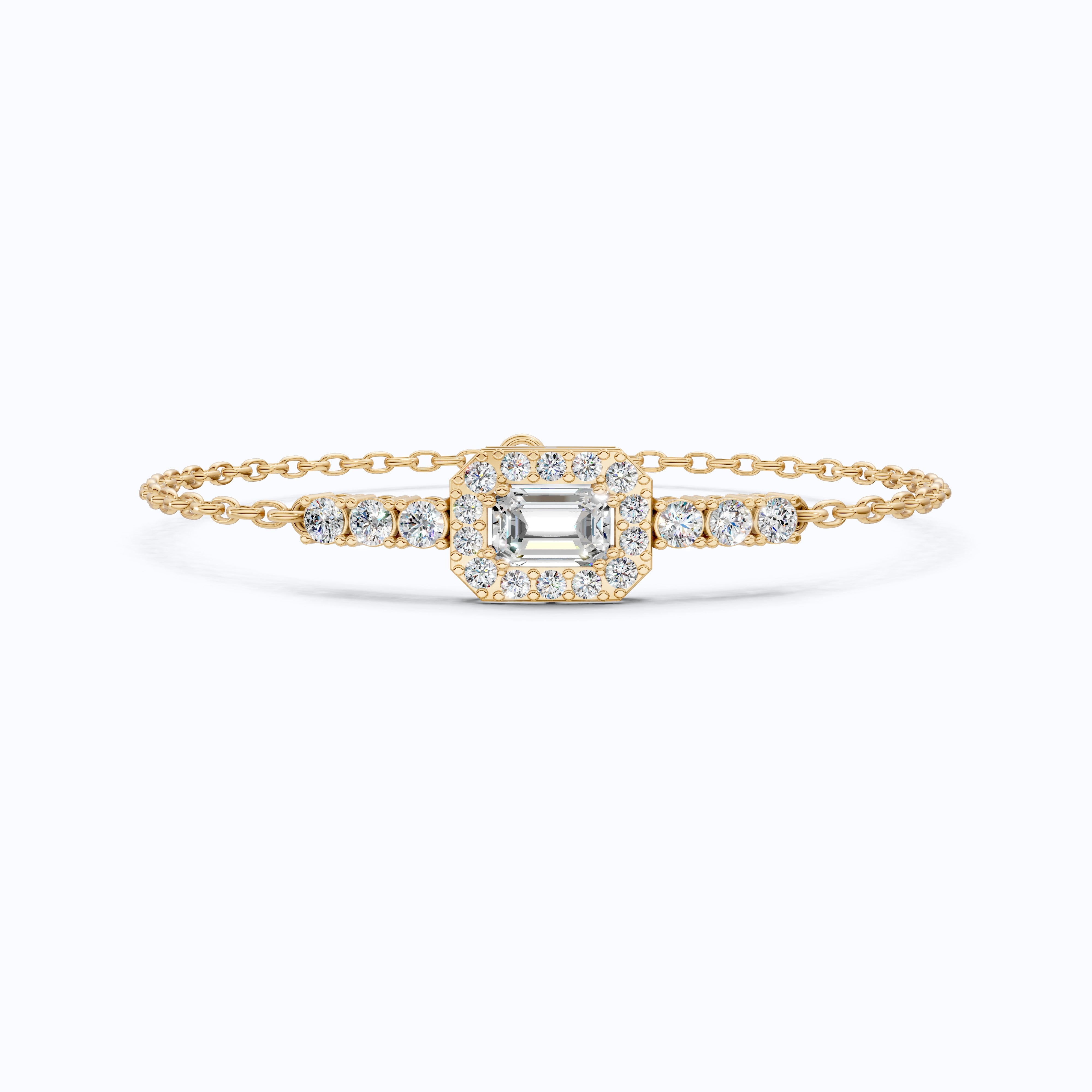 Art Deco Emerald-Cut Halo Cluster Luxury Bracelet in Lab Grown Diamond-Solid 14k Gold, Wedding Gift for Women, Unique Chain Bracelet