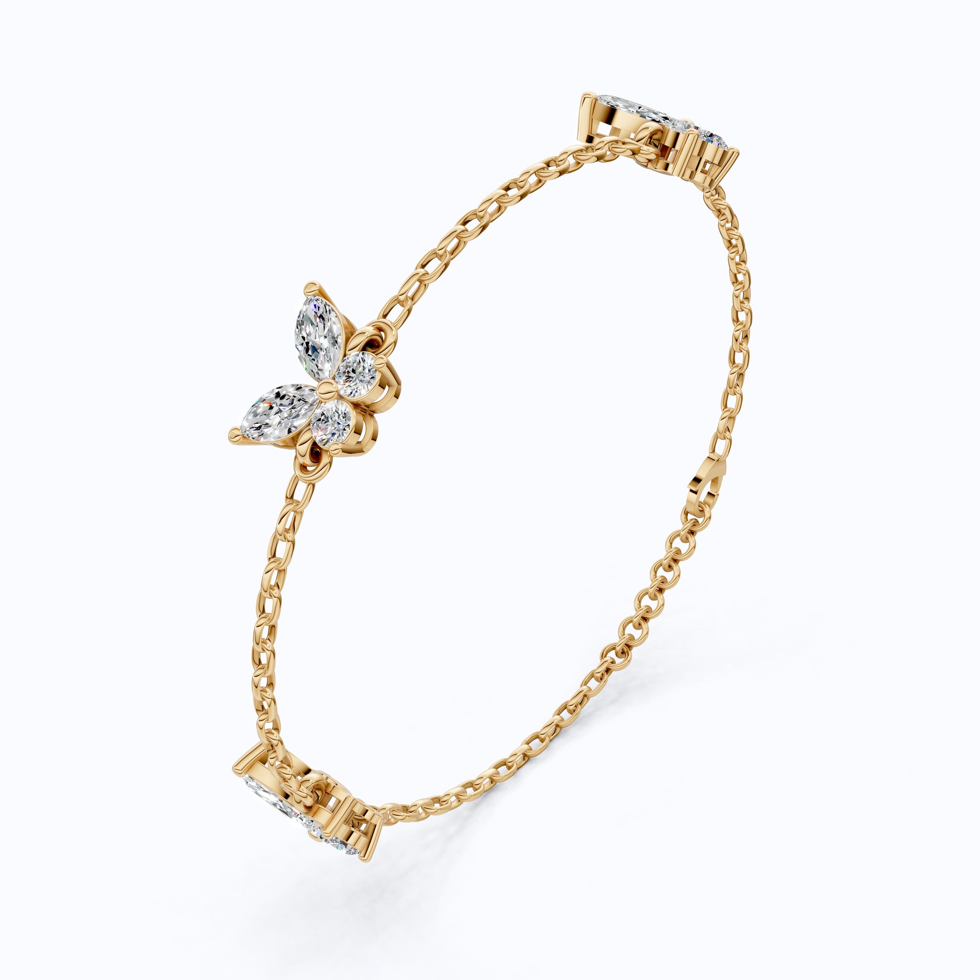 14K Yellow Gold Butterfly Chain Bracelet, Marquise/Round Cut Lab Grown Diamond Bracelet, Gift for Her, Wedding Jewelry, Handmade Bracelet