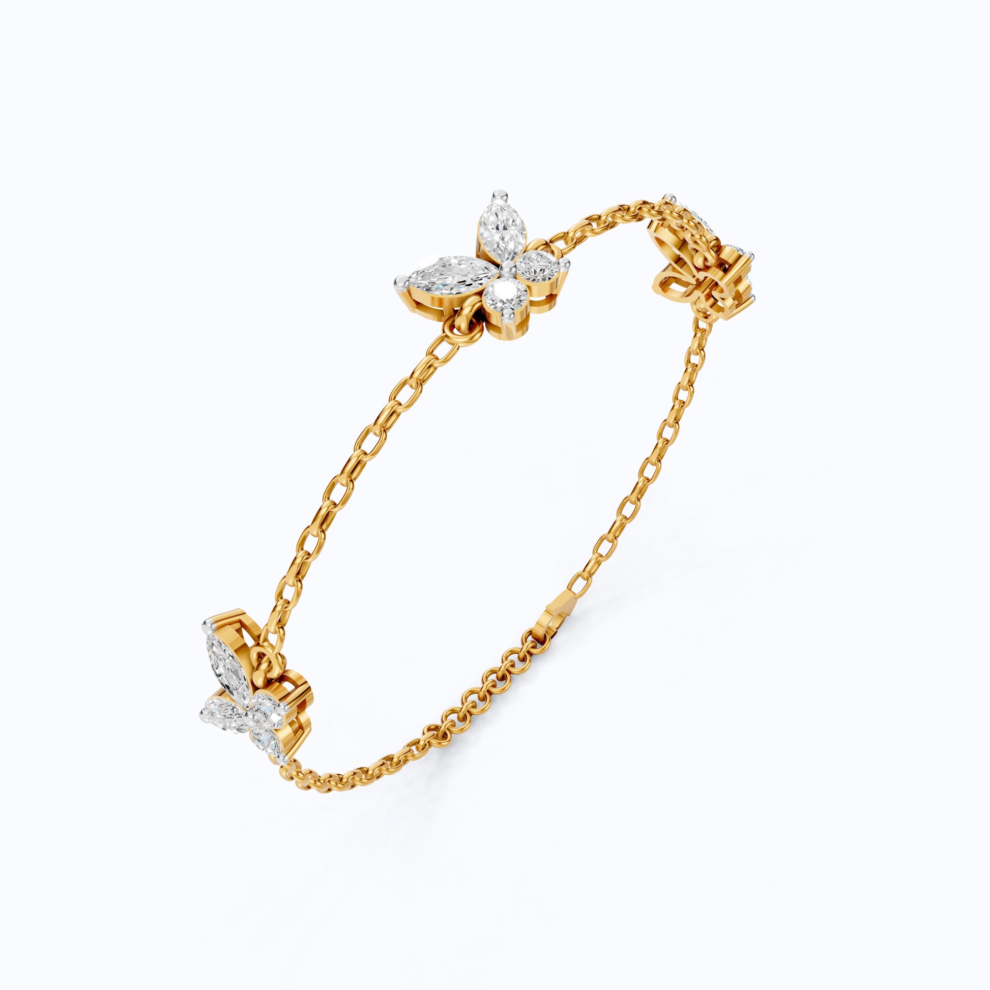 14K Yellow Gold Butterfly Chain Bracelet, Marquise/Round Cut Lab Grown Diamond Bracelet, Gift for Her, Wedding Jewelry, Handmade Bracelet