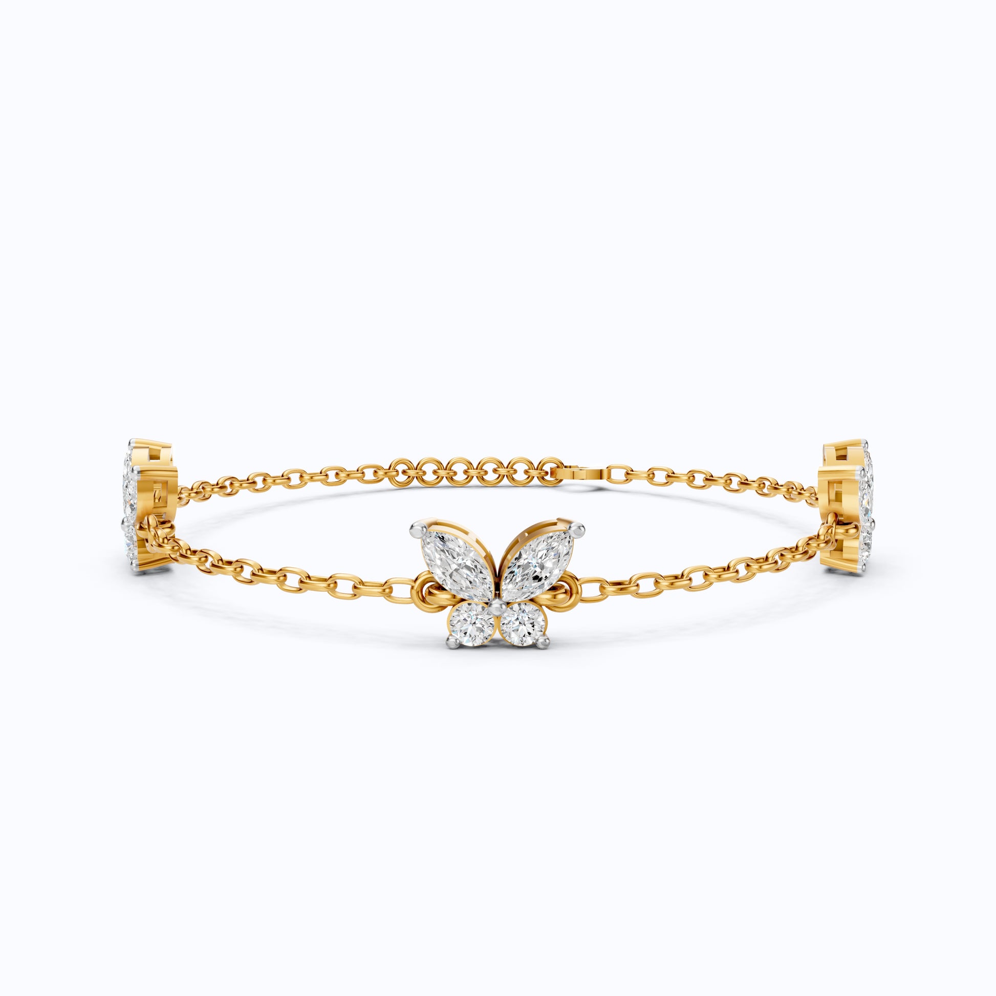 14K Yellow Gold Butterfly Chain Bracelet, Marquise/Round Cut Lab Grown Diamond Bracelet, Gift for Her, Wedding Jewelry, Handmade Bracelet