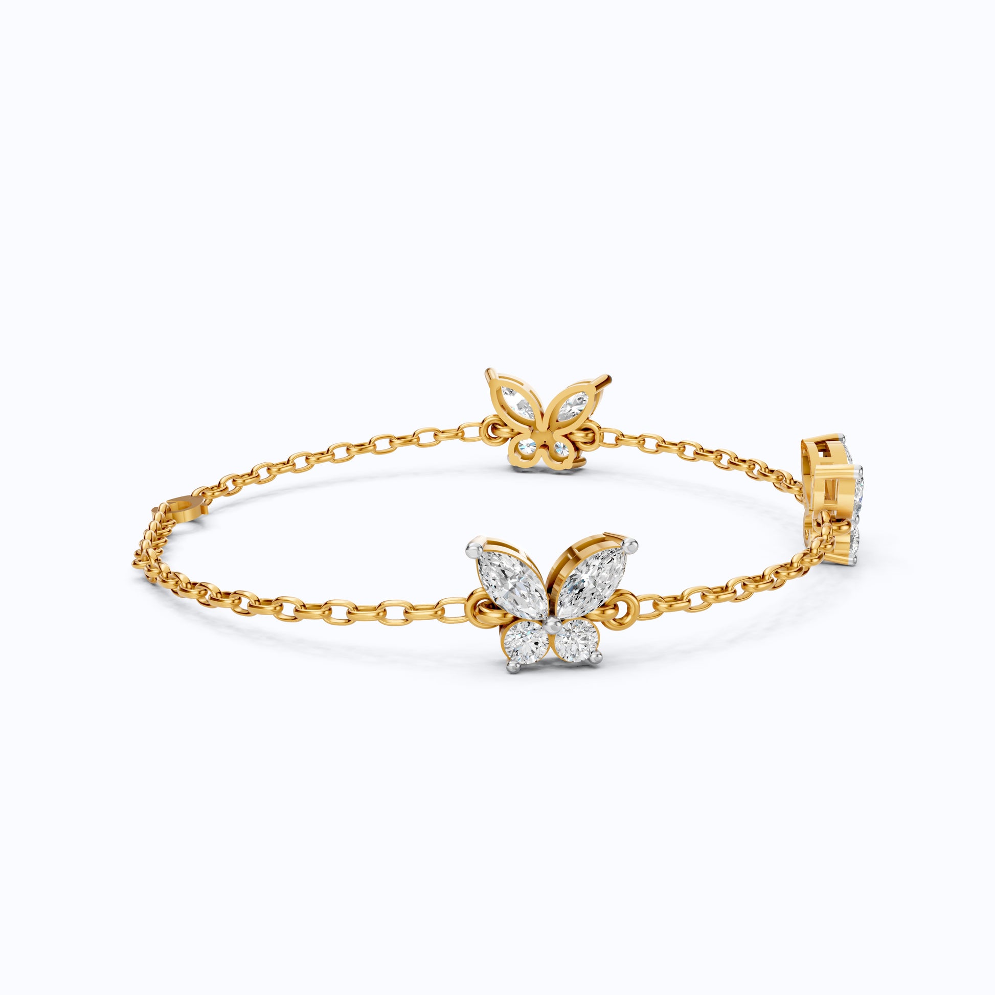 14K Yellow Gold Butterfly Chain Bracelet, Marquise/Round Cut Lab Grown Diamond Bracelet, Gift for Her, Wedding Jewelry, Handmade Bracelet