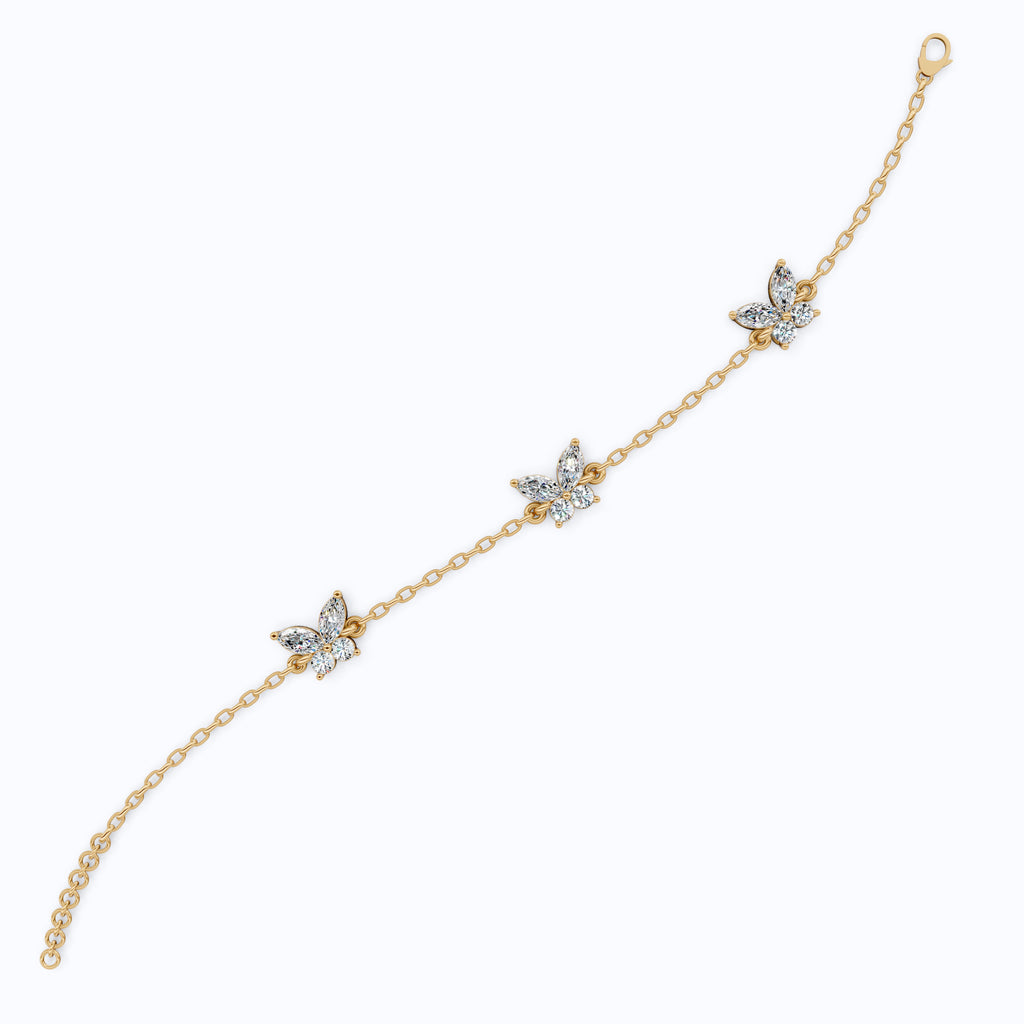 14K Yellow Gold Butterfly Chain Bracelet, Marquise/Round Cut Lab Grown Diamond Bracelet, Gift for Her, Wedding Jewelry, Handmade Bracelet