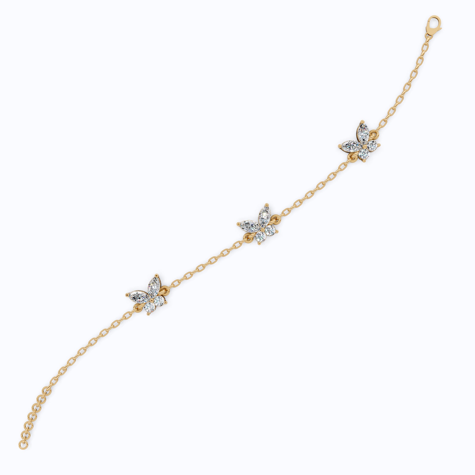 14K Yellow Gold Butterfly Chain Bracelet, Marquise/Round Cut Lab Grown Diamond Bracelet, Gift for Her, Wedding Jewelry, Handmade Bracelet