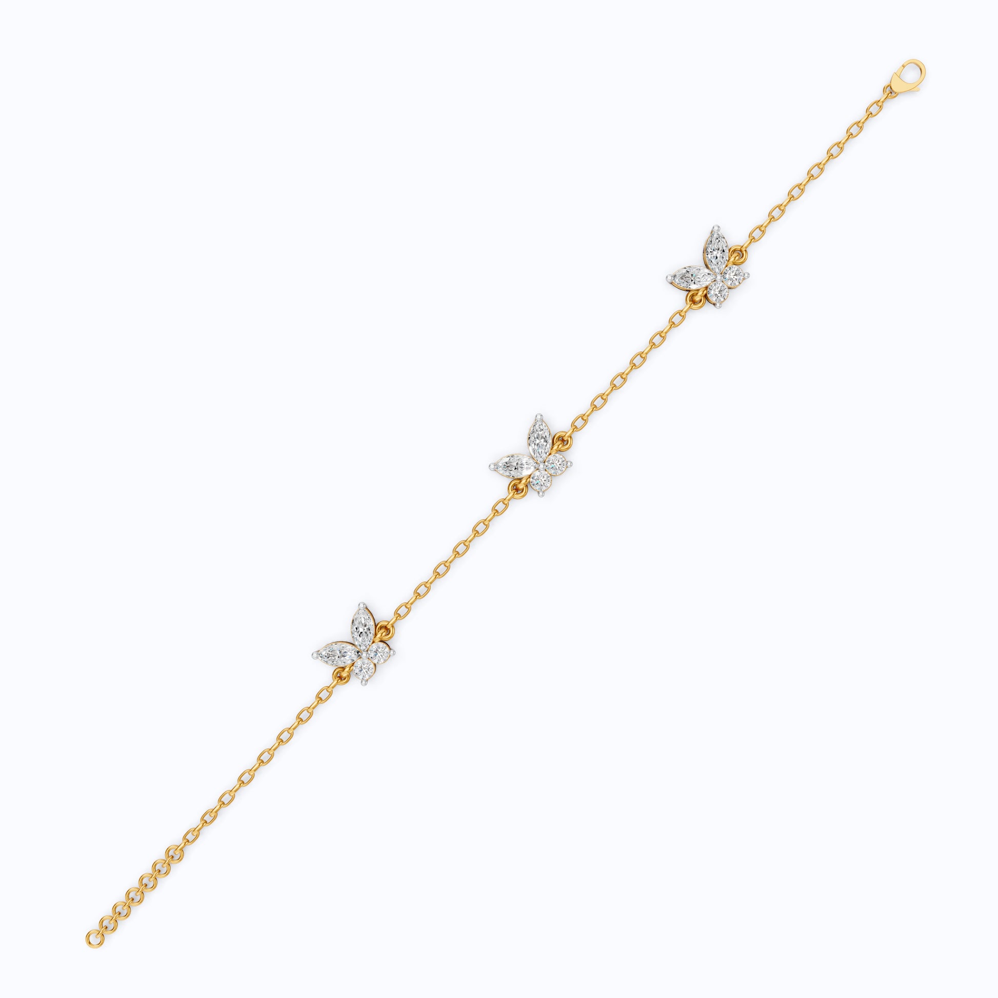 14K Yellow Gold Butterfly Chain Bracelet, Marquise/Round Cut Lab Grown Diamond Bracelet, Gift for Her, Wedding Jewelry, Handmade Bracelet