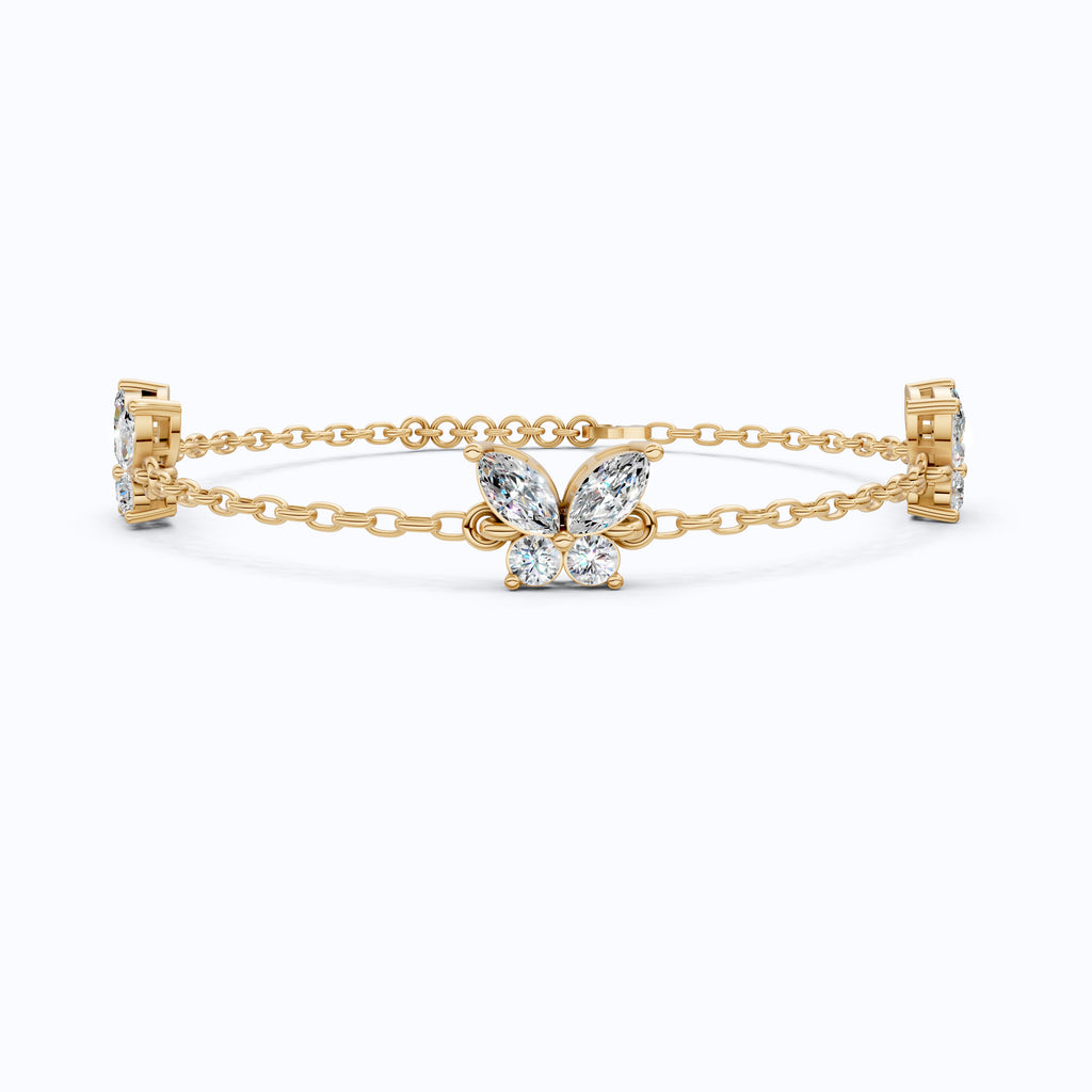 14K Yellow Gold Butterfly Chain Bracelet, Marquise/Round Cut Lab Grown Diamond Bracelet, Gift for Her, Wedding Jewelry, Handmade Bracelet