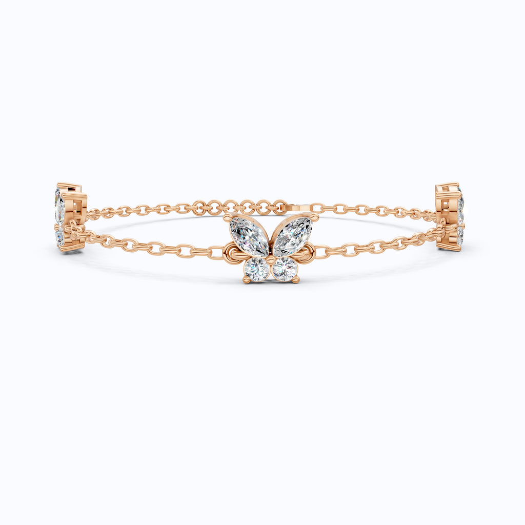 14K Yellow Gold Butterfly Chain Bracelet, Marquise/Round Cut Lab Grown Diamond Bracelet, Gift for Her, Wedding Jewelry, Handmade Bracelet