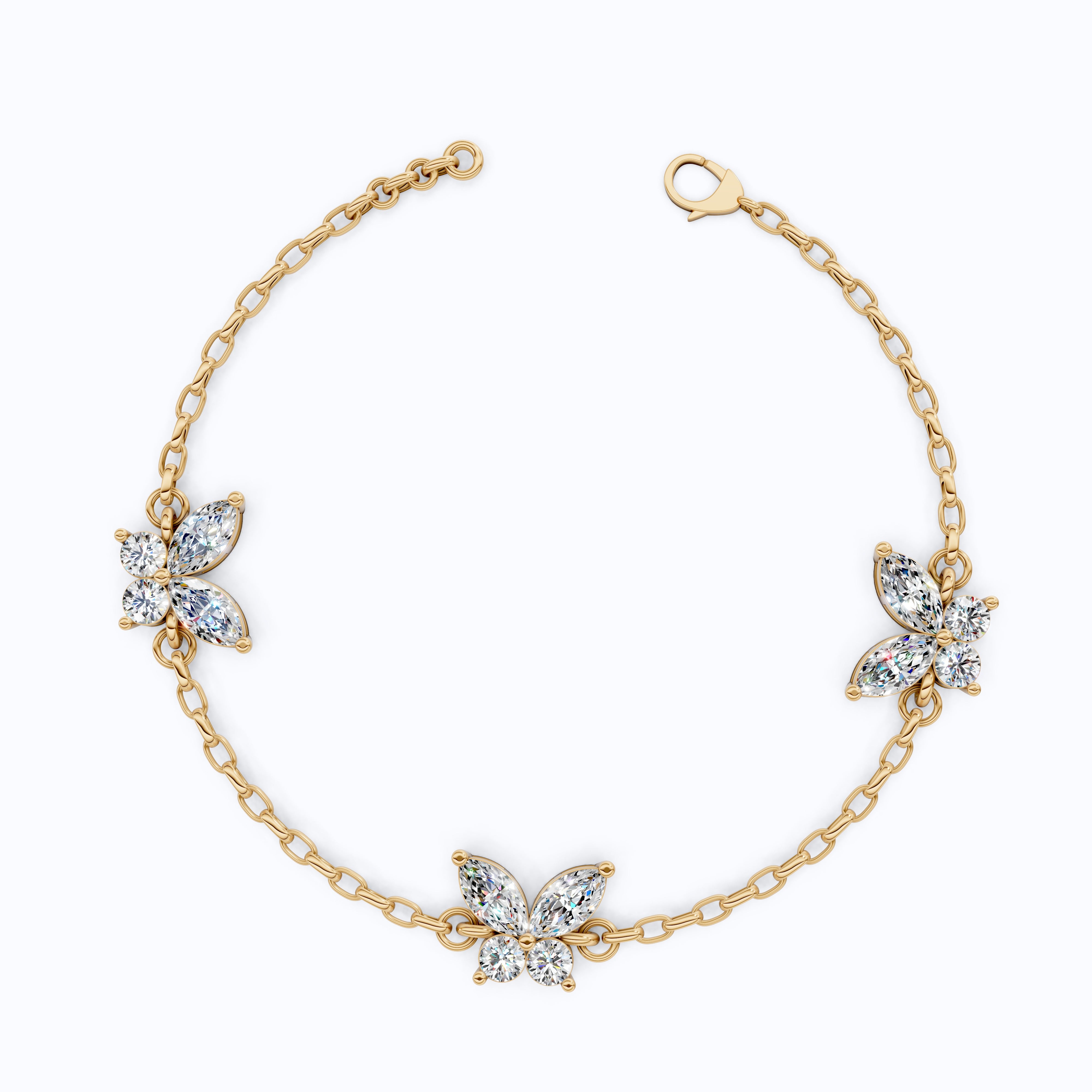 14K Yellow Gold Butterfly Chain Bracelet, Marquise/Round Cut Lab Grown Diamond Bracelet, Gift for Her, Wedding Jewelry, Handmade Bracelet