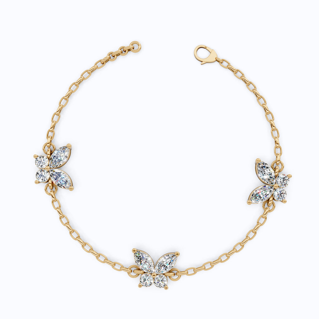 14K Yellow Gold Butterfly Chain Bracelet, Marquise/Round Cut Lab Grown Diamond Bracelet, Gift for Her, Wedding Jewelry, Handmade Bracelet