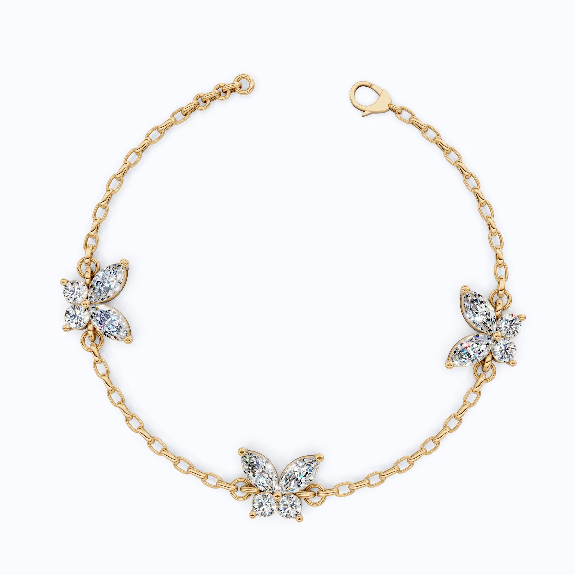 14K Yellow Gold Butterfly Chain Bracelet, Marquise/Round Cut Lab Grown Diamond Bracelet, Gift for Her, Wedding Jewelry, Handmade Bracelet