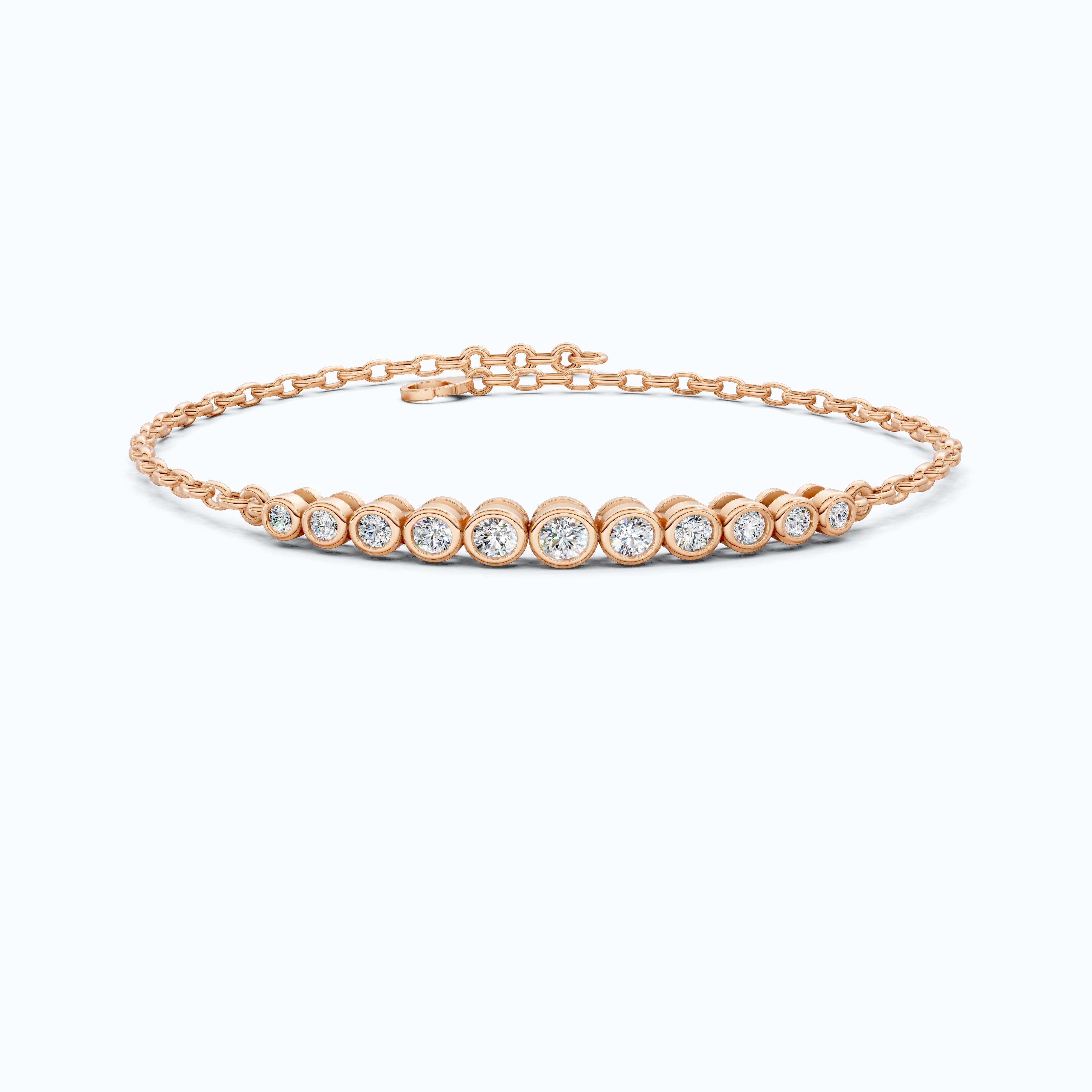 Graduated Round Bezel Set Diamond Chain Bracelet in Lab Grown Diamond - 14k Solid Gold, Everyday Luxury Jewelry, Handmade Jewelry