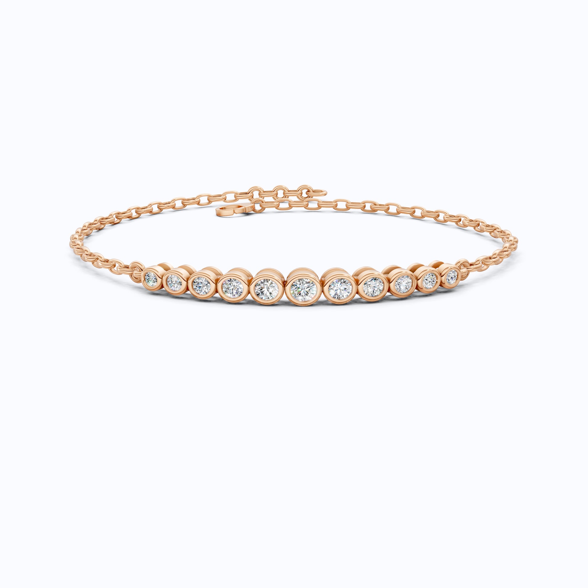 Graduated Round Bezel Set Diamond Chain Bracelet in Lab Grown Diamond - 14k Solid Gold, Everyday Luxury Jewelry, Handmade Jewelry