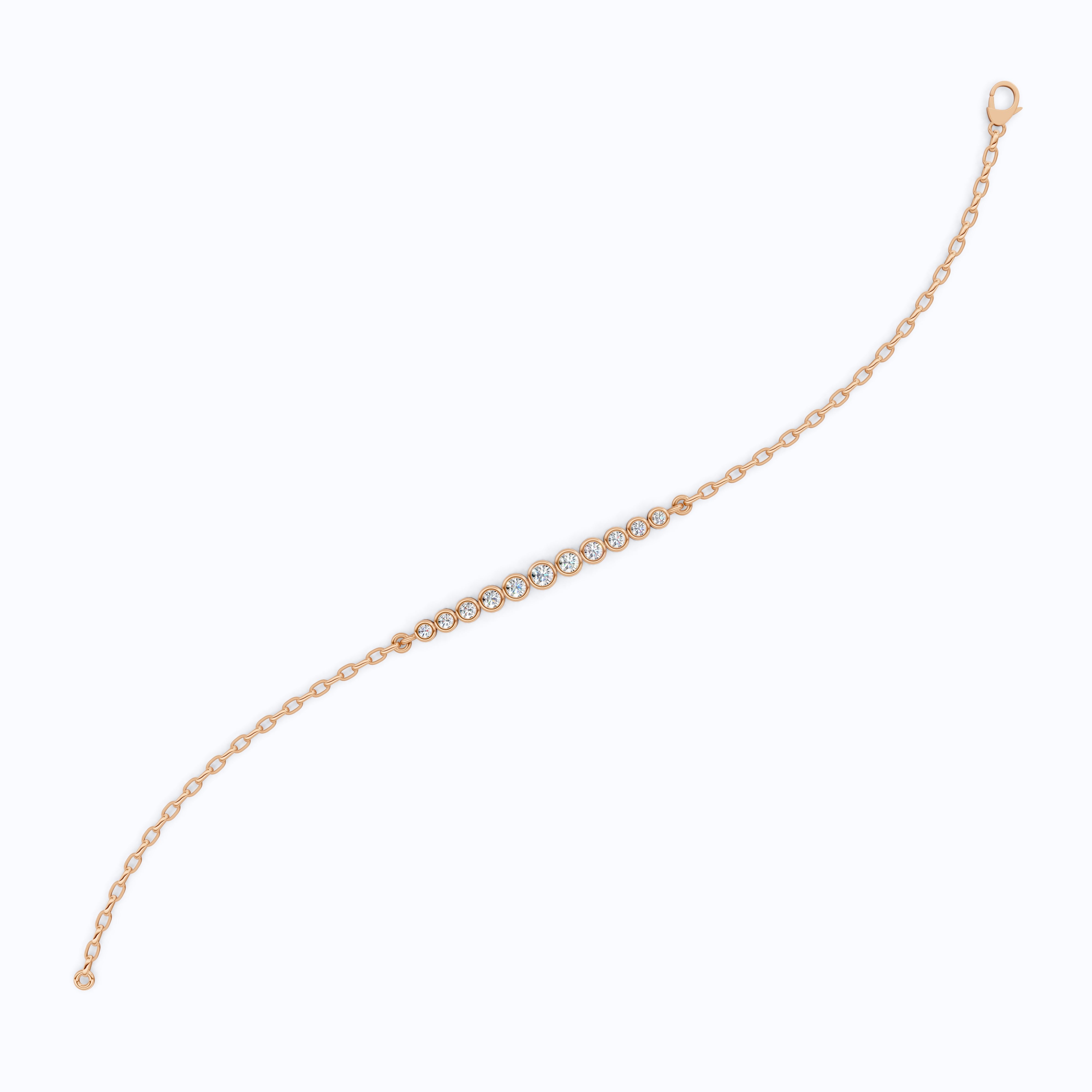 Graduated Round Bezel Set Diamond Chain Bracelet in Lab Grown Diamond - 14k Solid Gold, Everyday Luxury Jewelry, Handmade Jewelry