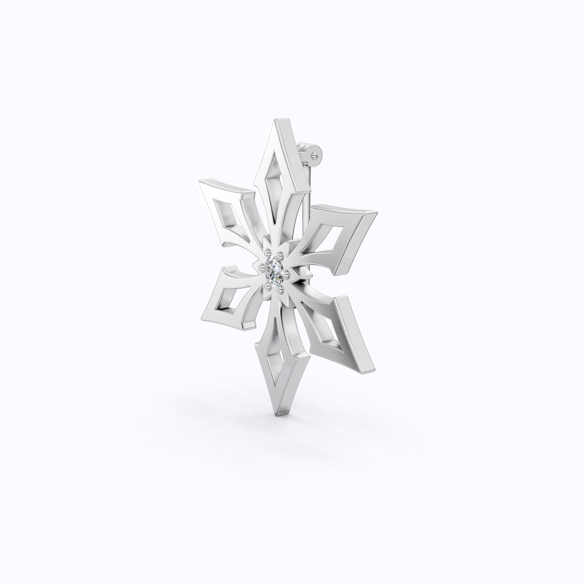 Trendy Snowflake Diamond Brooch in 14K White Gold, Modern Winter Star Jewelry, Gift for Her, Handmade Bridal Accessory, Geometric Brooch Gift
