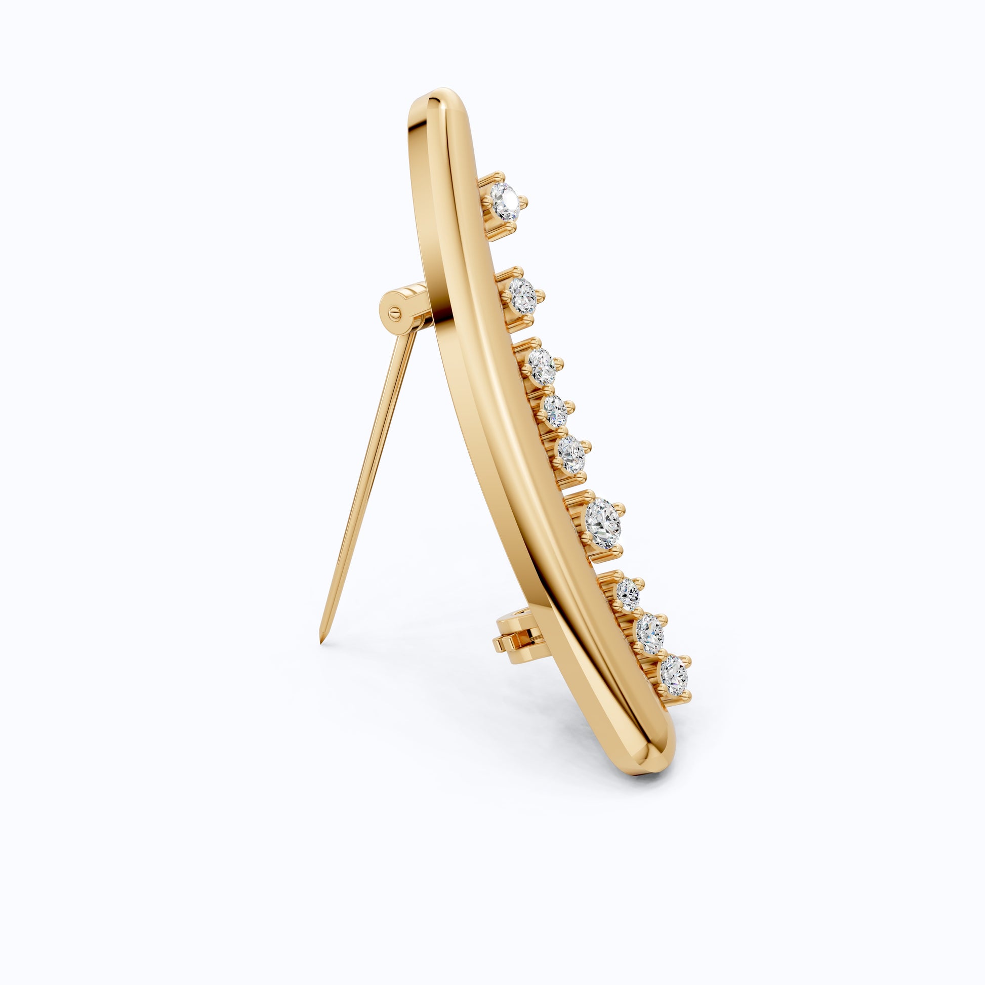 Men's Gold Brooch with Diamonds, 14K Yellow Gold Curved Pin for Suit or Wedding, Luxury Gift for Him