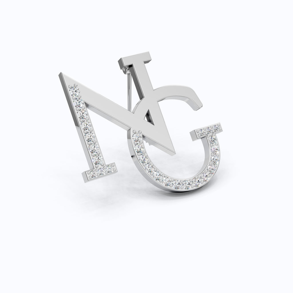Custom Elegant NG Letter Diamond Brooch in 14K Rose Gold, Monogram Pin, Luxury Personalized Gift for Her/Him, Wedding Accessories
