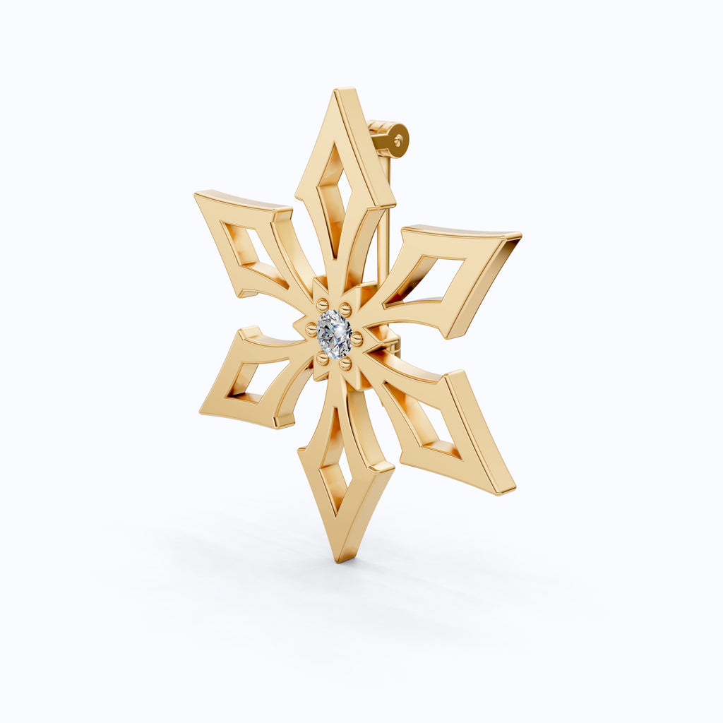 Trendy Snowflake Diamond Brooch in 14K White Gold, Modern Winter Star Jewelry, Gift for Her, Handmade Bridal Accessory, Geometric Brooch Gift