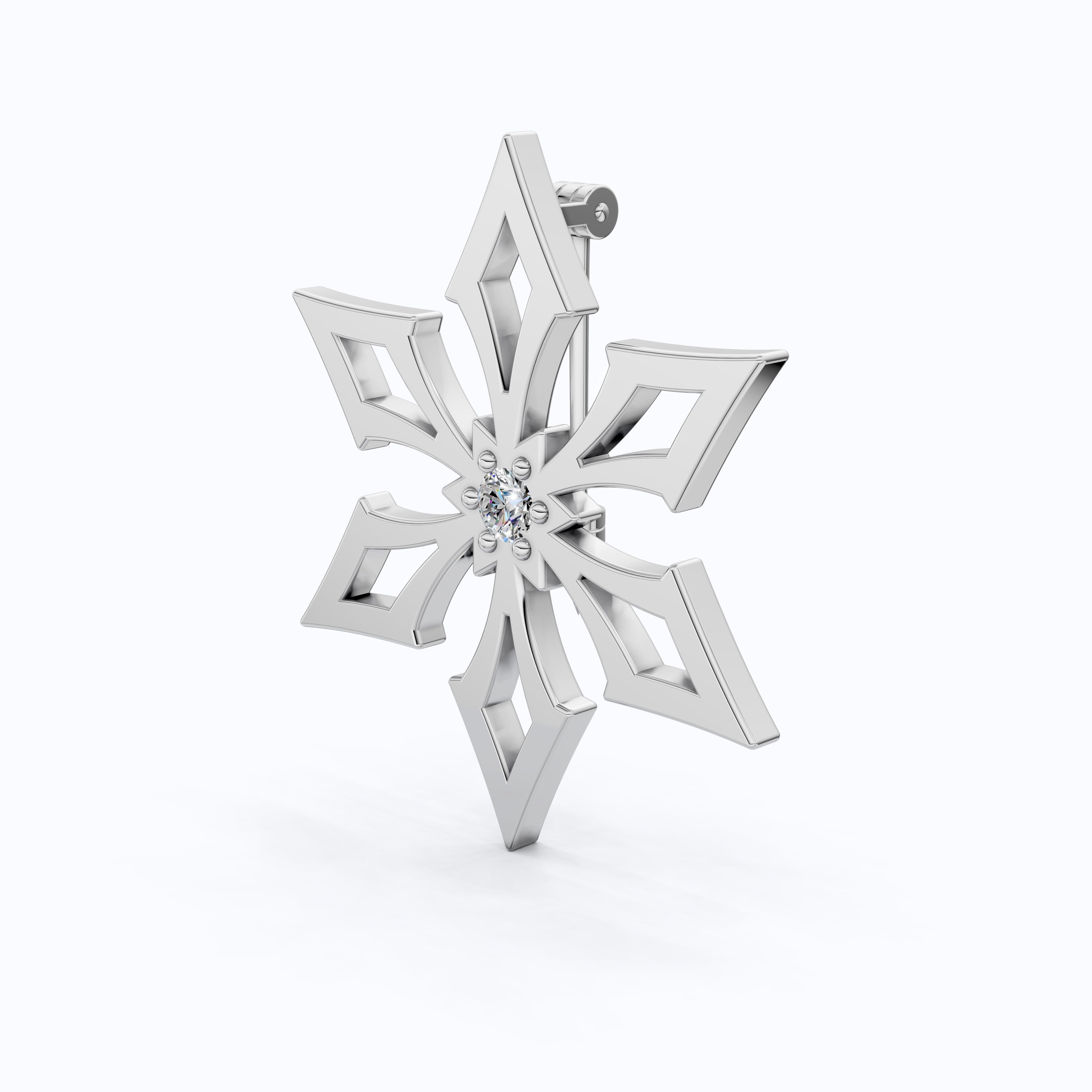 Trendy Snowflake Diamond Brooch in 14K White Gold, Modern Winter Star Jewelry, Gift for Her, Handmade Bridal Accessory, Geometric Brooch Gift