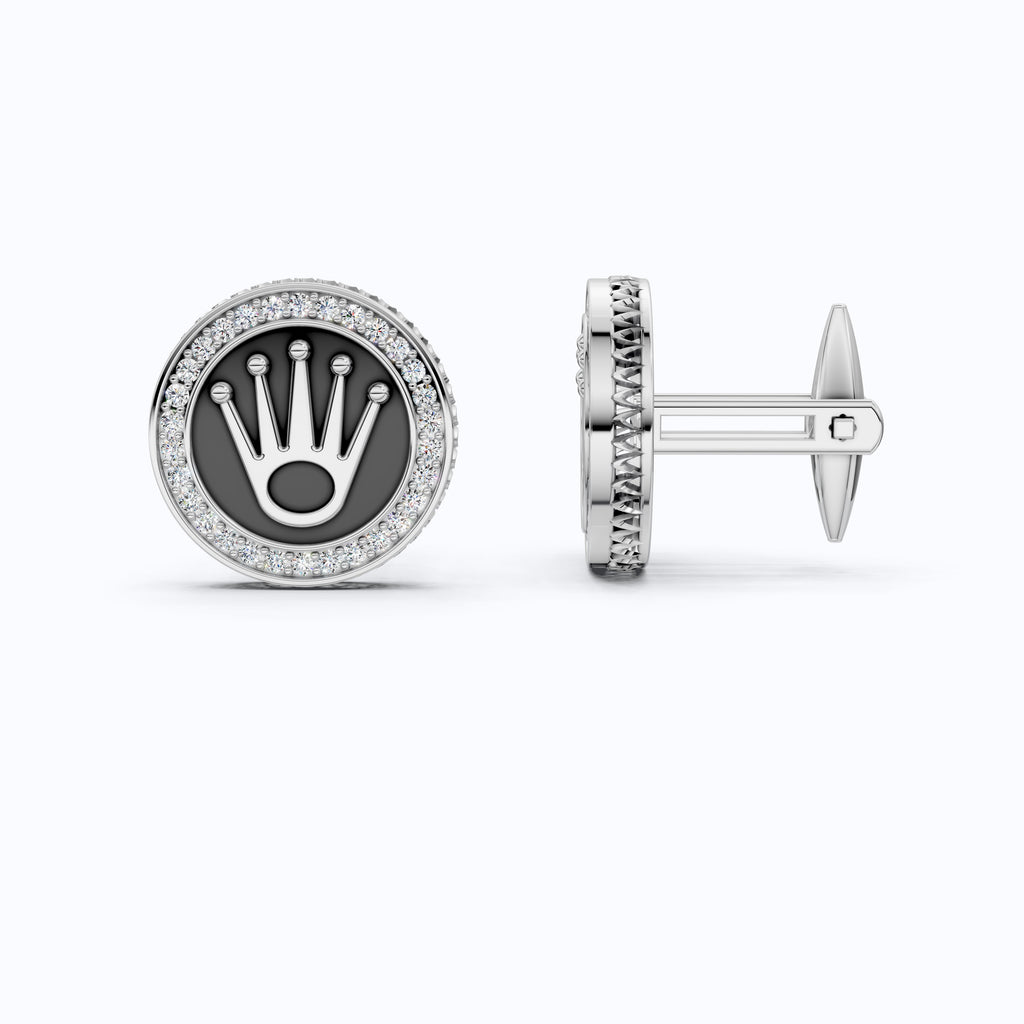 14K White Gold Enamel Cufflinks – Crown Logo, 0.48 TCW Lab Diamond Halo Cufflinks, Handmade Groom Gift, Luxury Men’s Jewelry