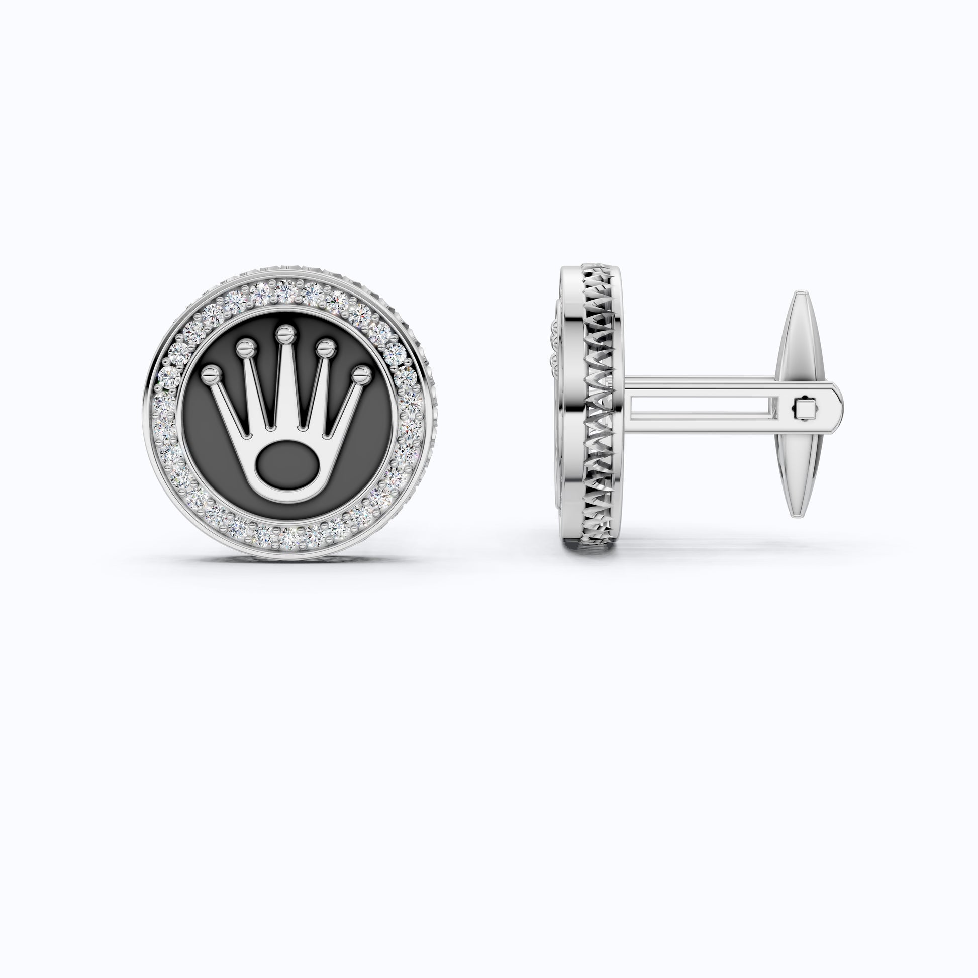 14K White Gold Enamel Cufflinks – Crown Logo, 0.48 TCW Lab Diamond Halo Cufflinks, Handmade Groom Gift, Luxury Men’s Jewelry