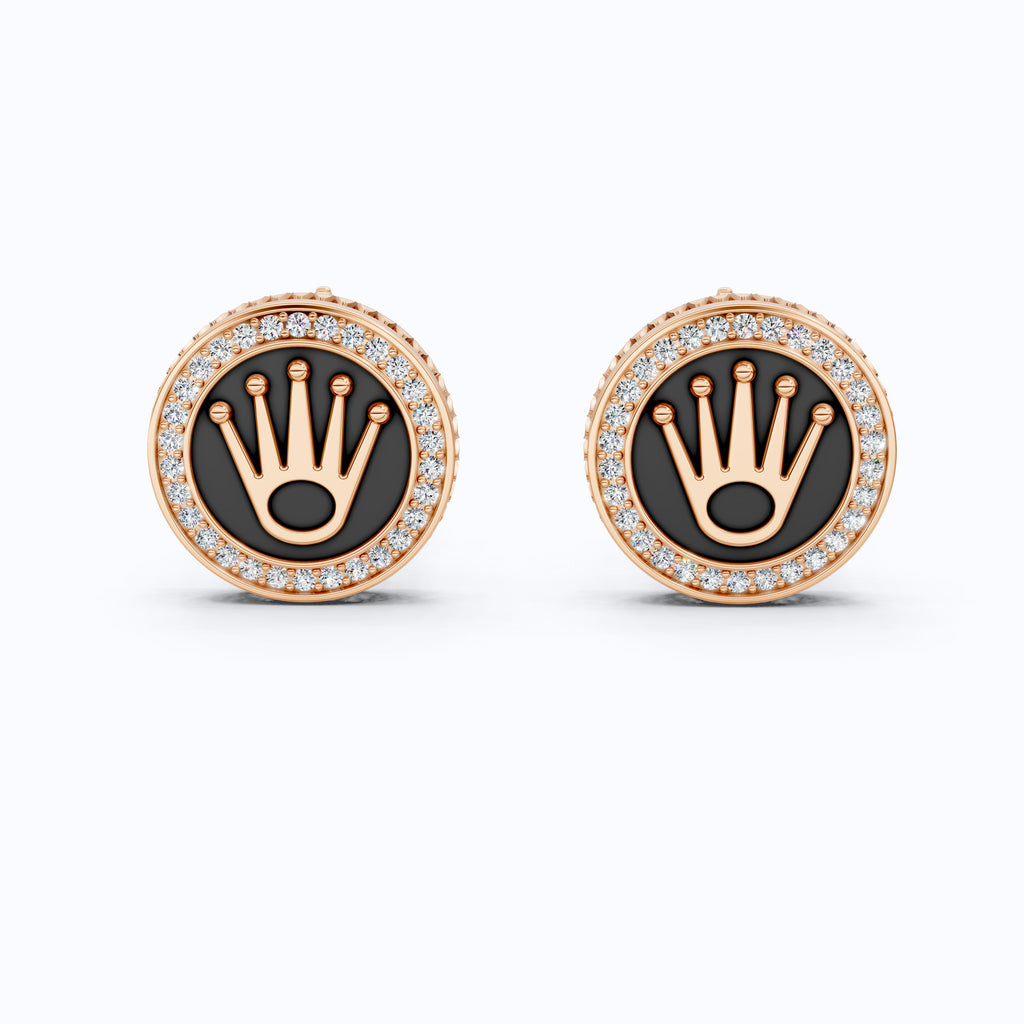 14K White Gold Enamel Cufflinks – Crown Logo, 0.48 TCW Lab Diamond Halo Cufflinks, Handmade Groom Gift, Luxury Men’s Jewelry