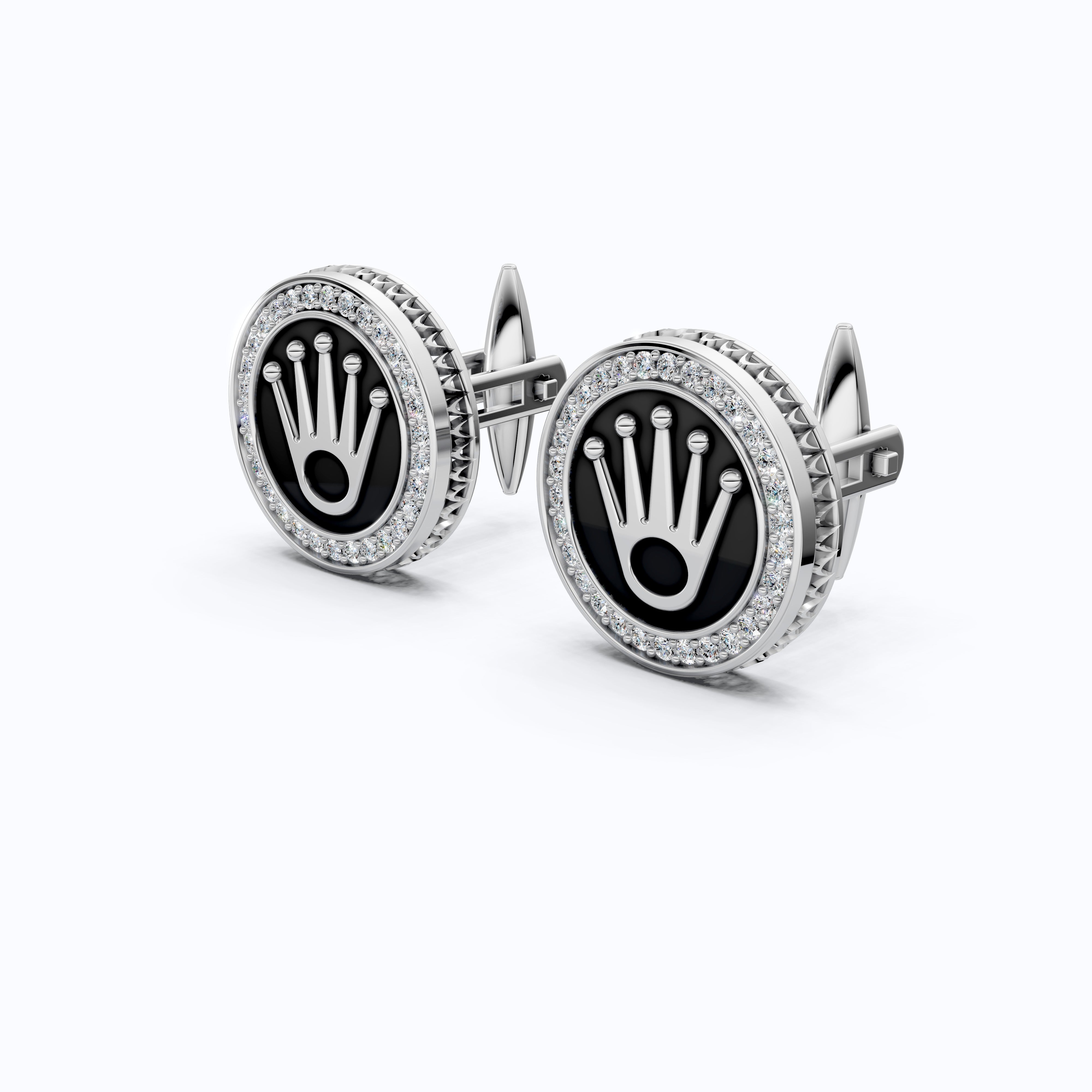 14K White Gold Enamel Cufflinks – Crown Logo, 0.48 TCW Lab Diamond Halo Cufflinks, Handmade Groom Gift, Luxury Men’s Jewelry