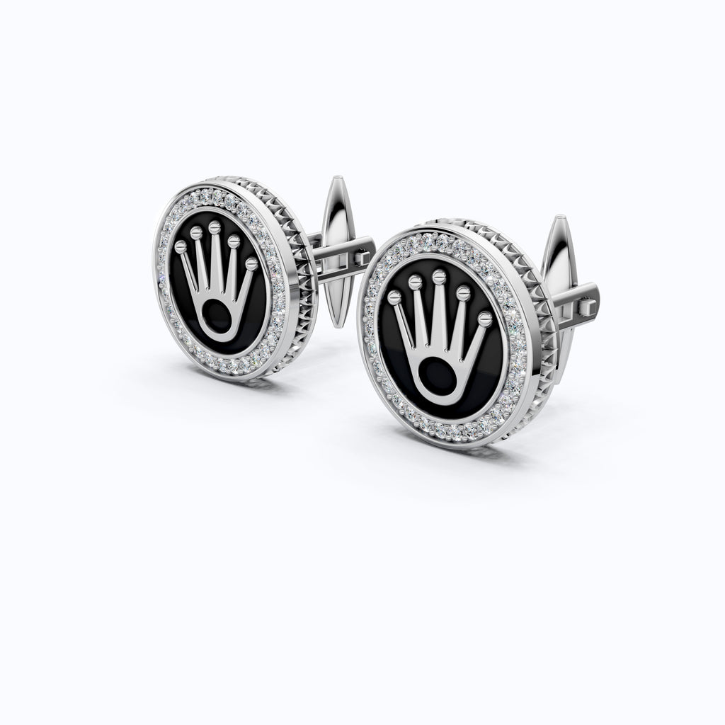 14K White Gold Enamel Cufflinks – Crown Logo, 0.48 TCW Lab Diamond Halo Cufflinks, Handmade Groom Gift, Luxury Men’s Jewelry