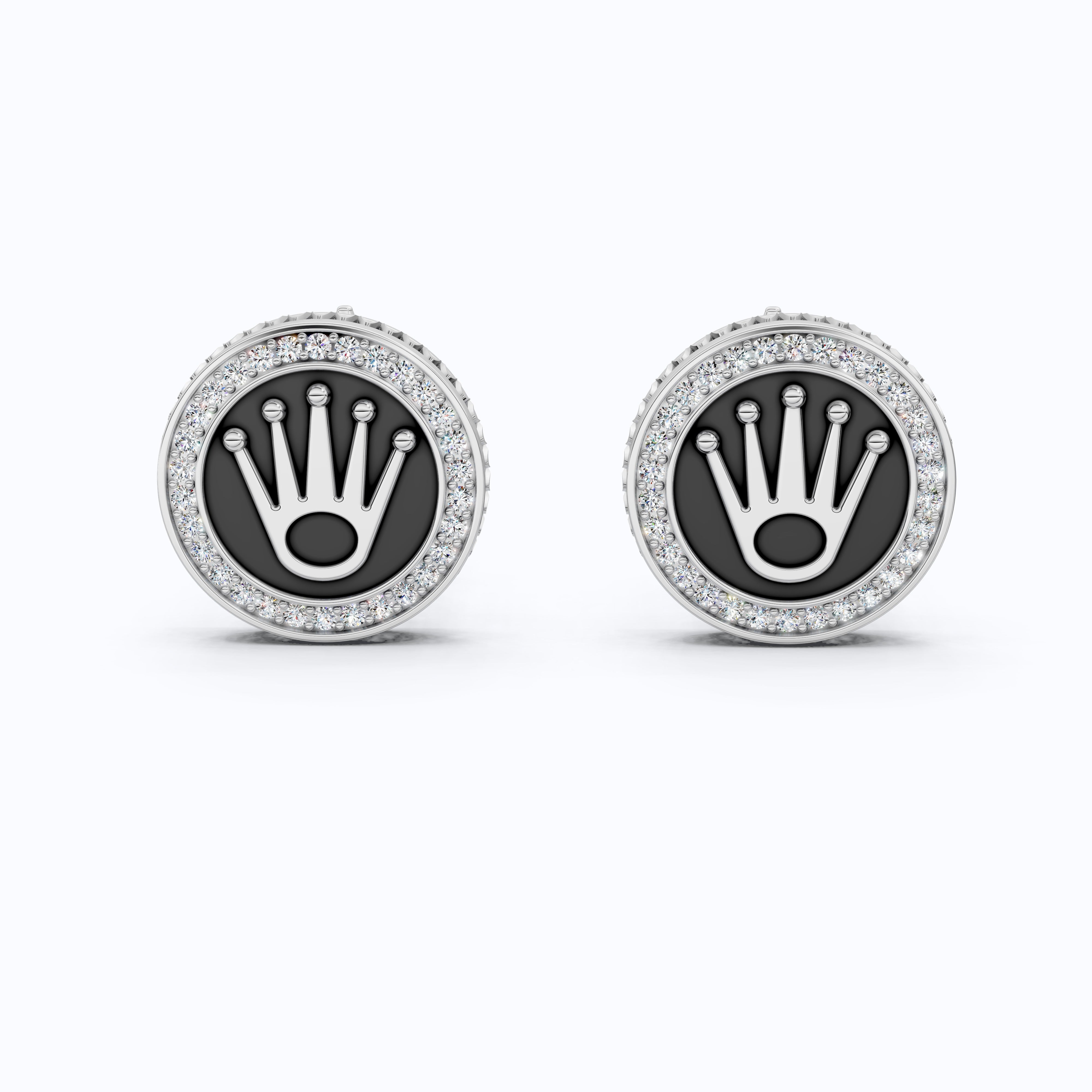 14K White Gold Enamel Cufflinks – Crown Logo, 0.48 TCW Lab Diamond Halo Cufflinks, Handmade Groom Gift, Luxury Men’s Jewelry