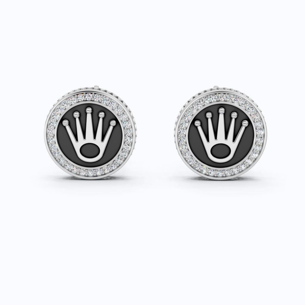 14K White Gold Enamel Cufflinks – Crown Logo, 0.48 TCW Lab Diamond Halo Cufflinks, Handmade Groom Gift, Luxury Men’s Jewelry