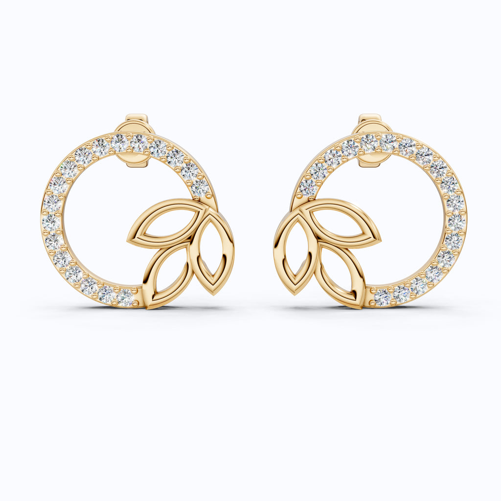 Elegant Leaf Wreath Circle Stud Earrings in 14K Solid Gold, 0.29 TCW Round Cut Lab Created Diamonds, Bridal Jewelry, Anniversary Gift For Her