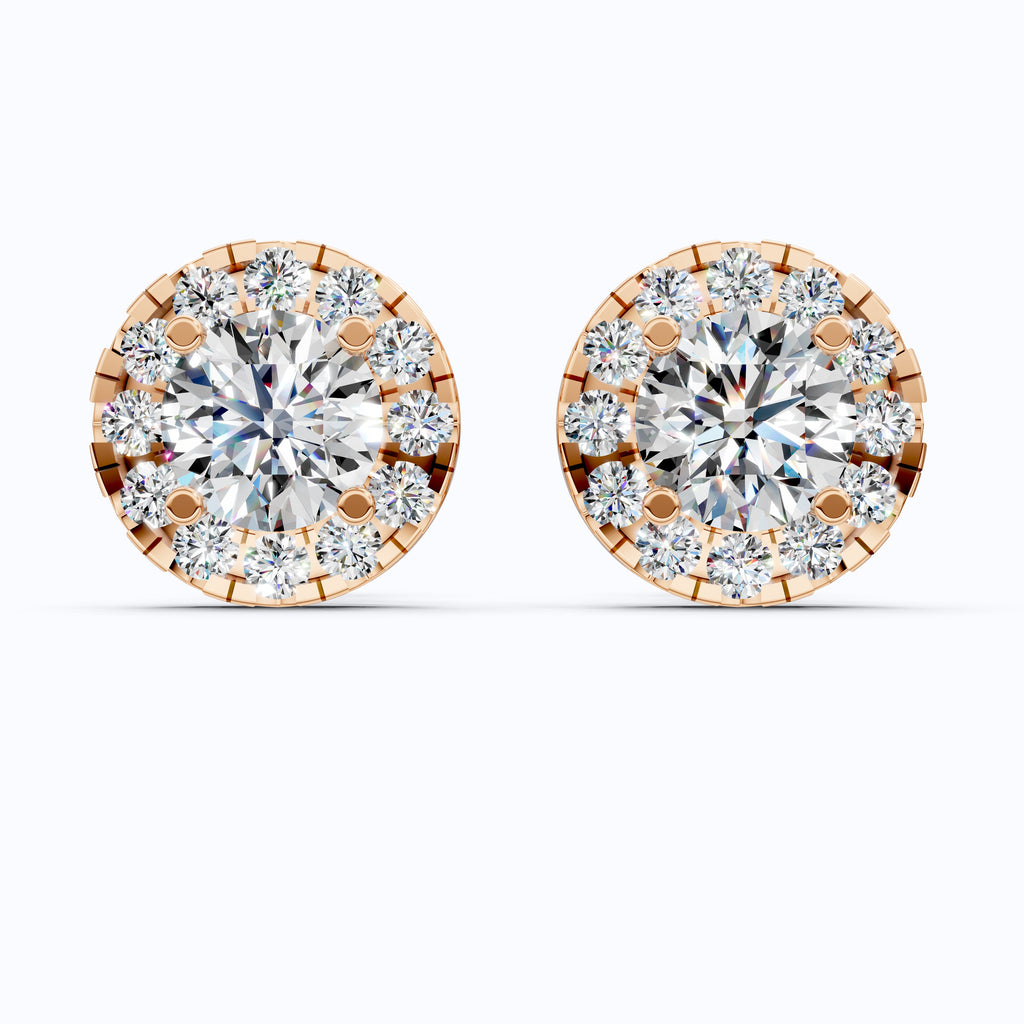 14K Yellow Gold Modern Halo Wedding Earrings, 1.32 TCW Round Cut Lab Created Diamonds, Handmade Jewelry, Wedding Gift for Bride